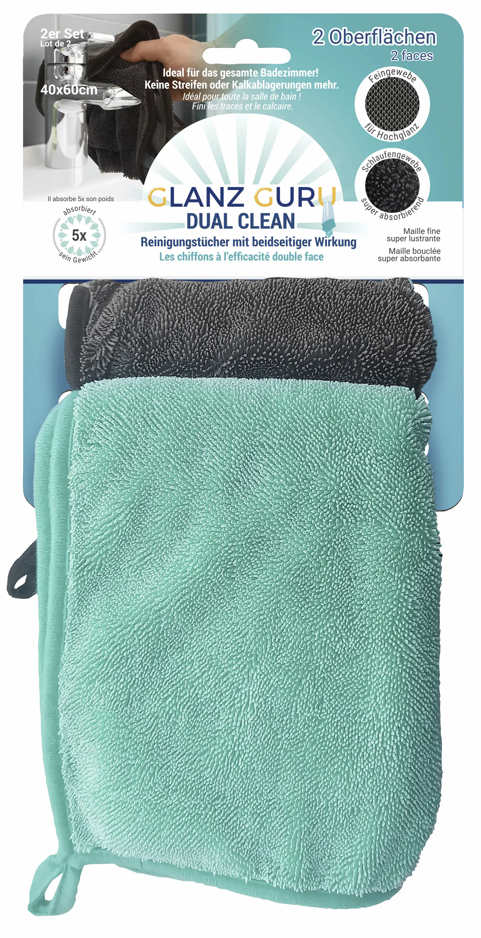 Broszio Reinigungstücher Glanz Guru Dual Clean 40 x 60 cm anthrazit/türkis 2er Pack