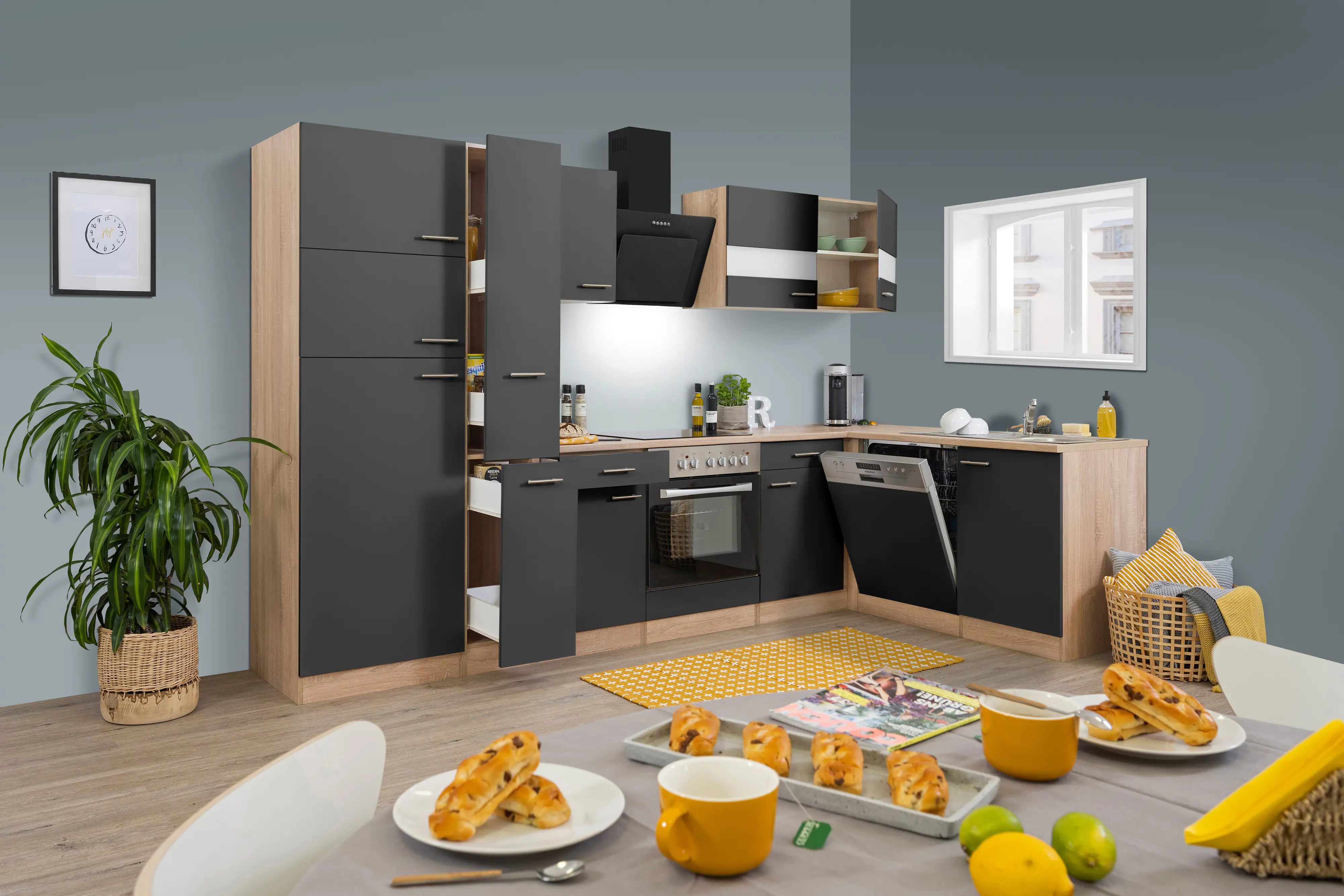 Respekta Küchenzeile L-Form Economy mit Geräte grau 310 x 172 cm