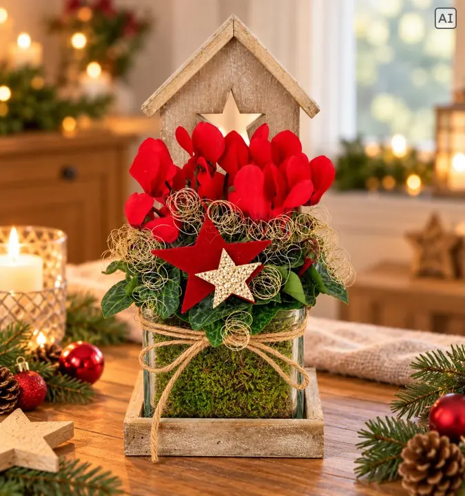 Weihnachtliches Arrangement Holzhäuschen bepflanzt