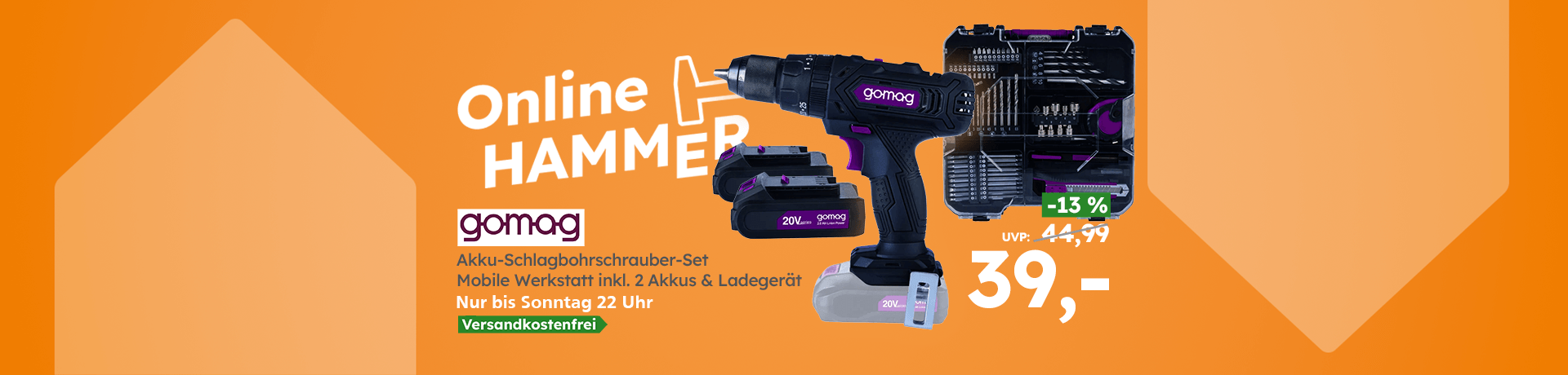 Online Hammer gomag Akku Schlagbohrschrauber Set mit Zubehör jetzt für 39 Euro statt 44,99, nur bis Sonntag 22 Uhr, versandkostenfrei.