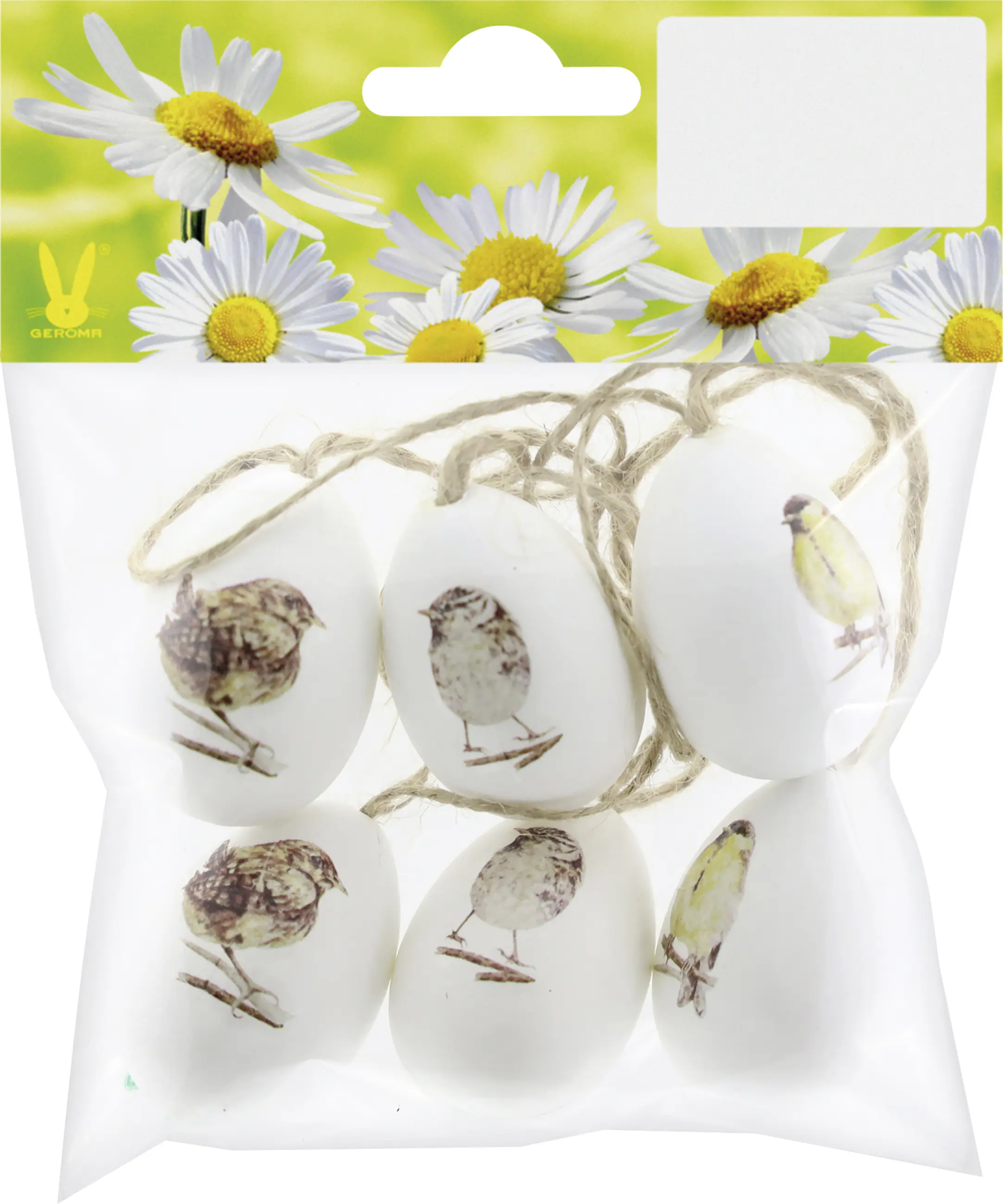Ostereier Kunststoff zum Hängen 4 x 3 cm weiß mit Vogelmotiv 6 Stück