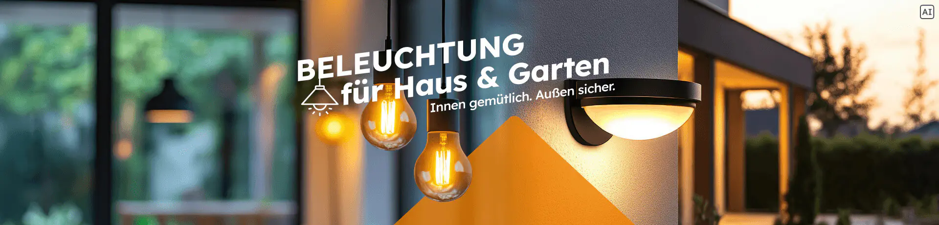 „Beleuchtung für Haus & Garten – Innen gemütlich. Außen sicher.“ mit leuchtenden Glühbirnen und Außenleuchte an einem modernen Haus.