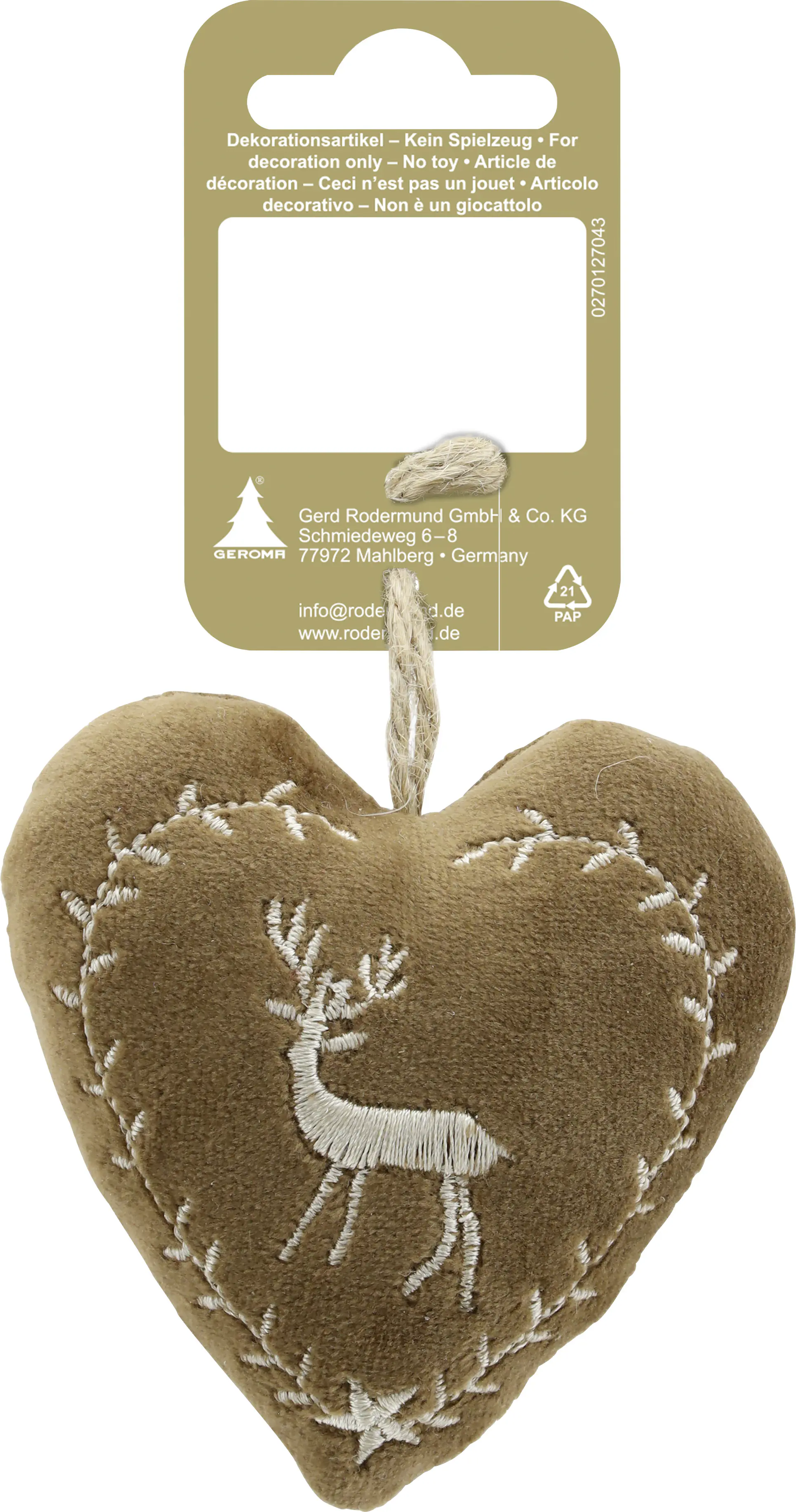 Weihnachtsanhänger Herz aus Stoff 8,5 x 8 cm braun