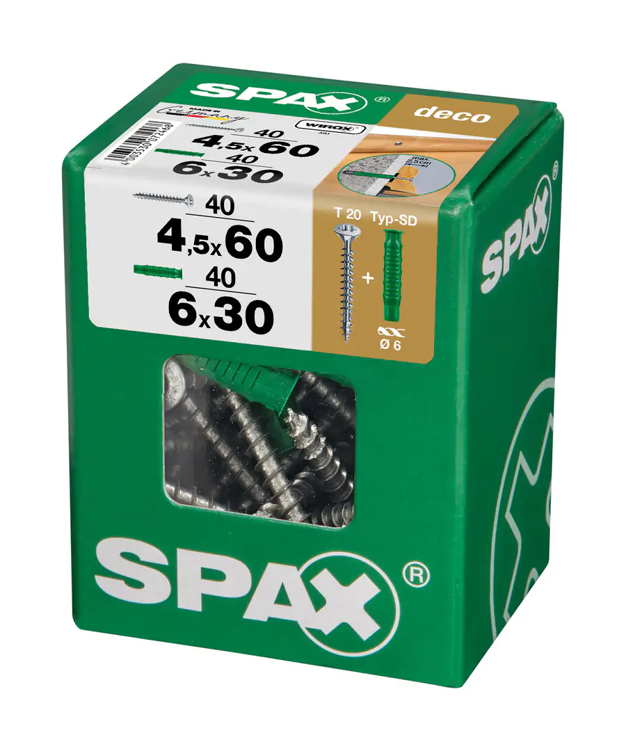 Spax Universalschrauben 4.5 x 60 mm TX 20 - 40 Stk. (+40 Dübel) Spax Universalschrauben 4.5 x 60 mm TX 20 - 40 Stk. (+40 Dübel)