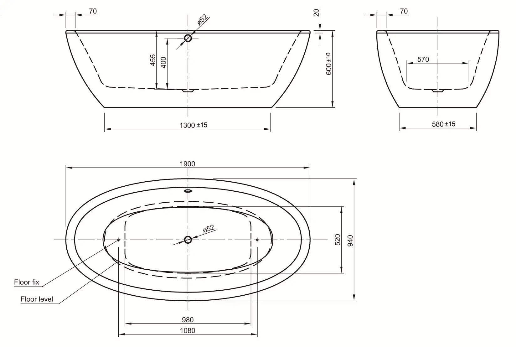 Ottofond Freistehende Badewanne Latina 190 x 94 x 45,5 cm, weiß