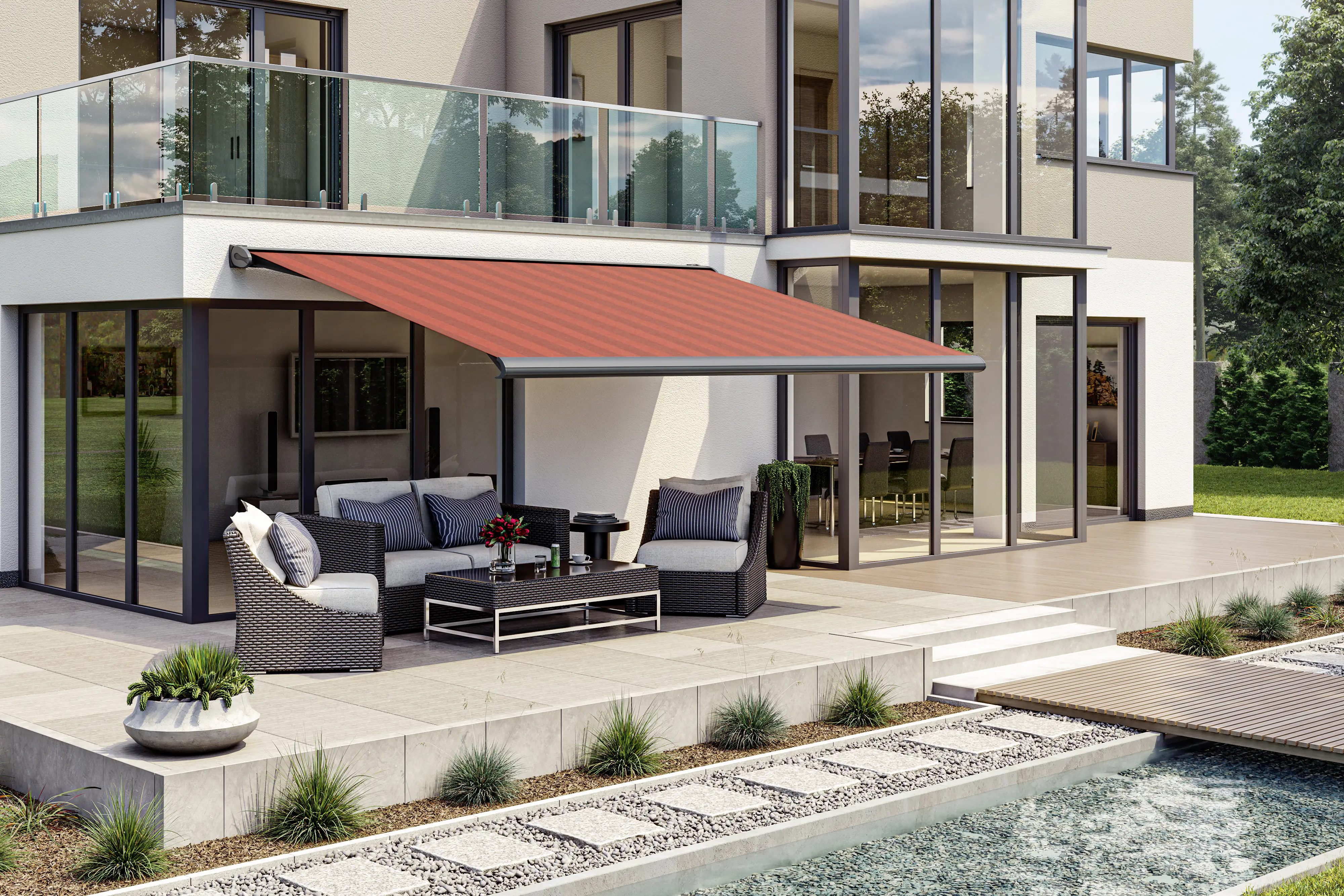 Kassettenmarkise S-Compact bordeaux gestreift inkl. Motor, Aufputzschalter