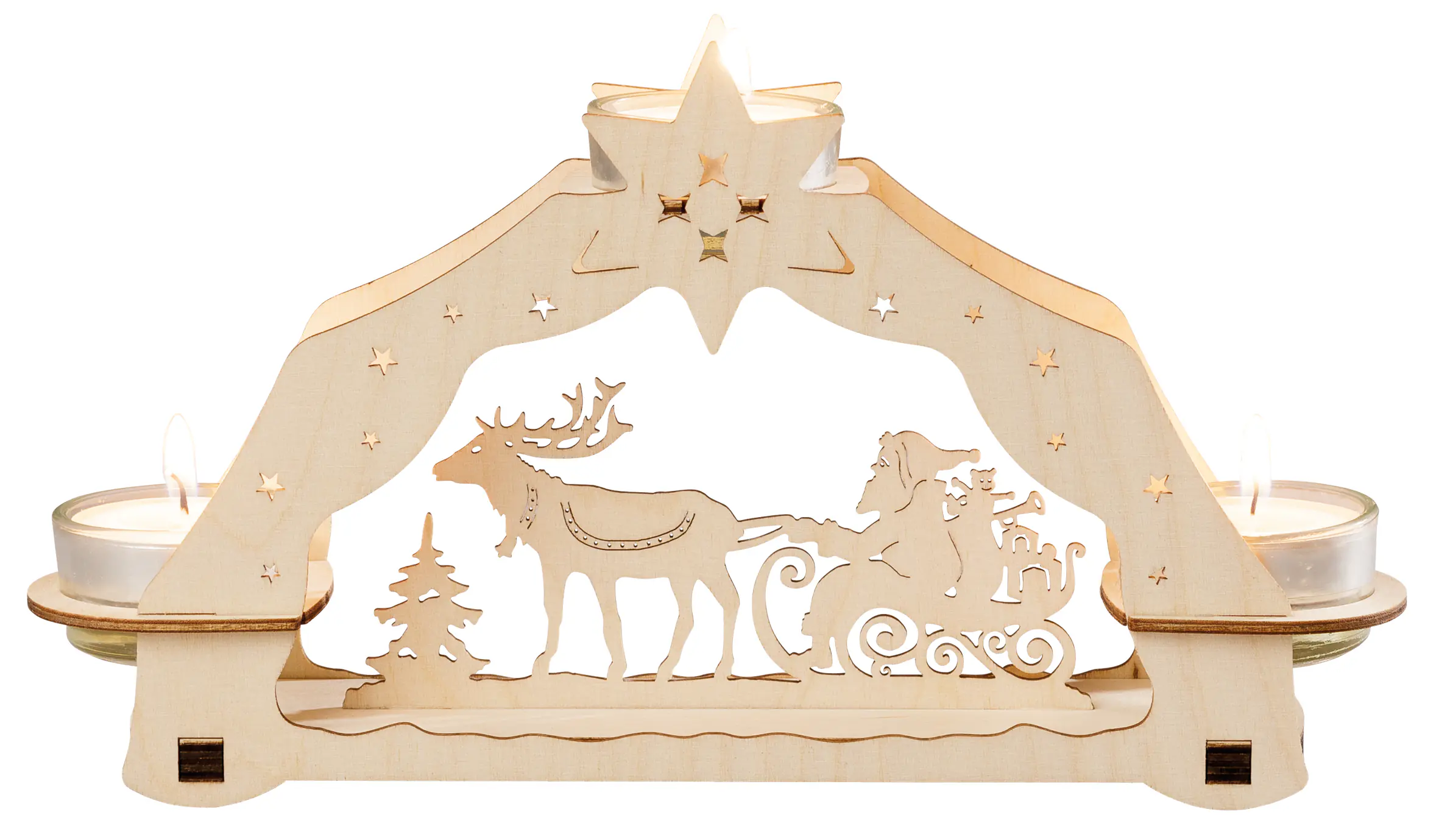 Saico Schwibbogen Weihnachtsmann auf Schlitten für 3 Teelichthalter 24,5 x 13,5 cm natur