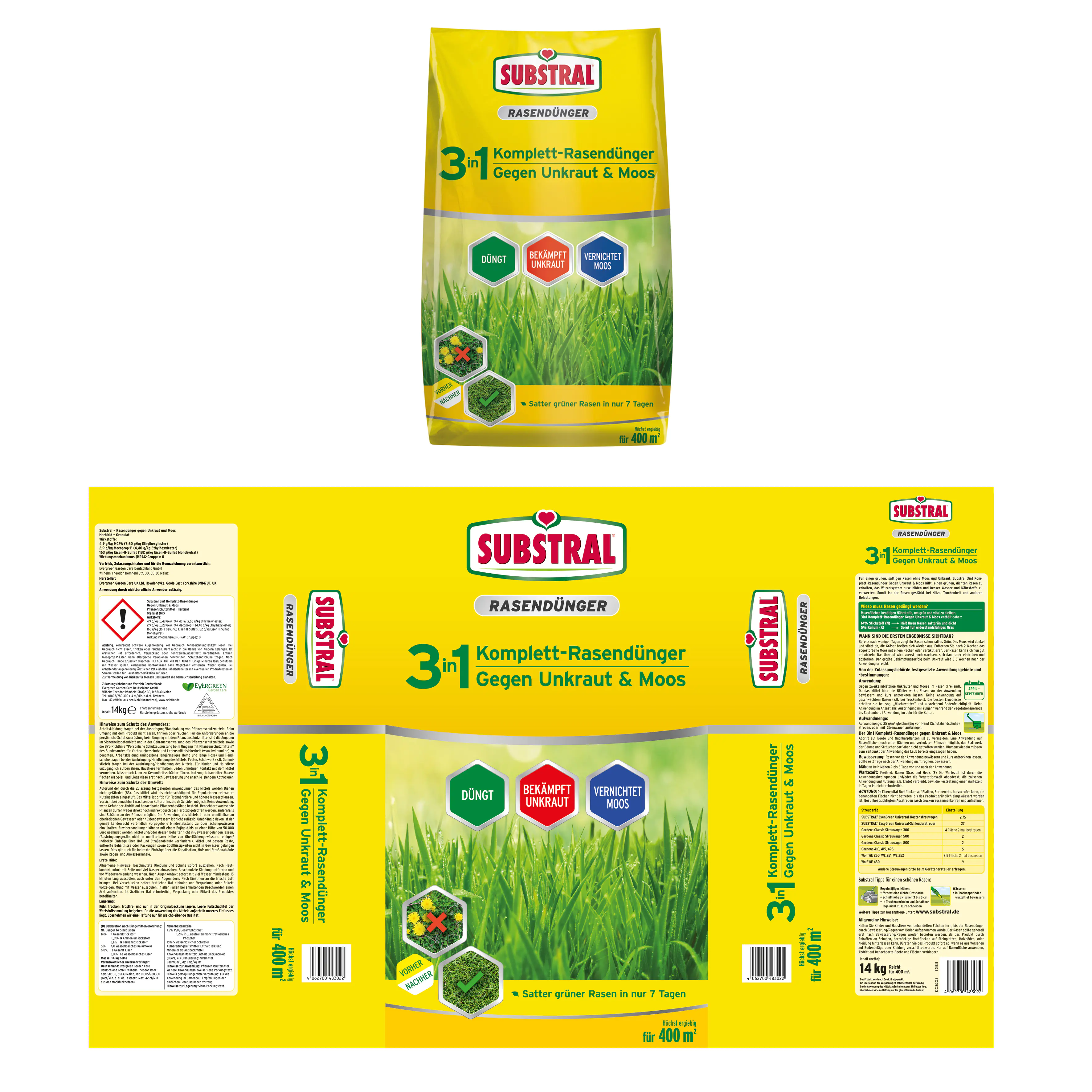 Substral 3 in 1 Komplett-Rasendünger gegen Unkraut & Moos für 400 m²