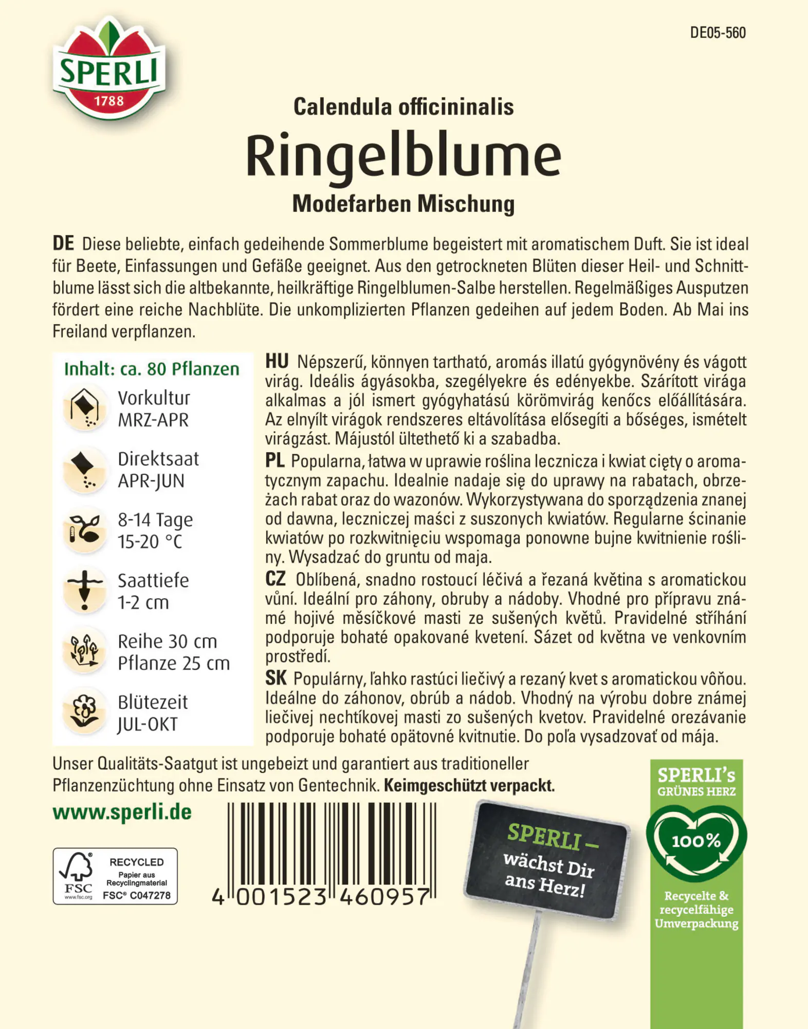 Sperli Saatgut Ringelblumen Modefarben Mischung für ca. 80 Pflanzen