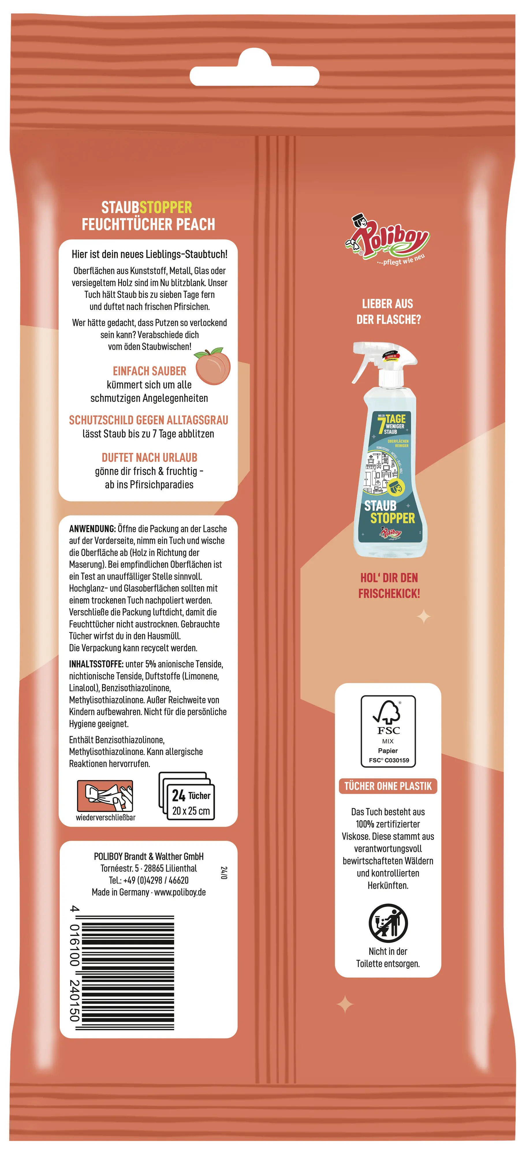Poliboy Staubstopper Feuchttücher Pfirsich - 24 Stk.