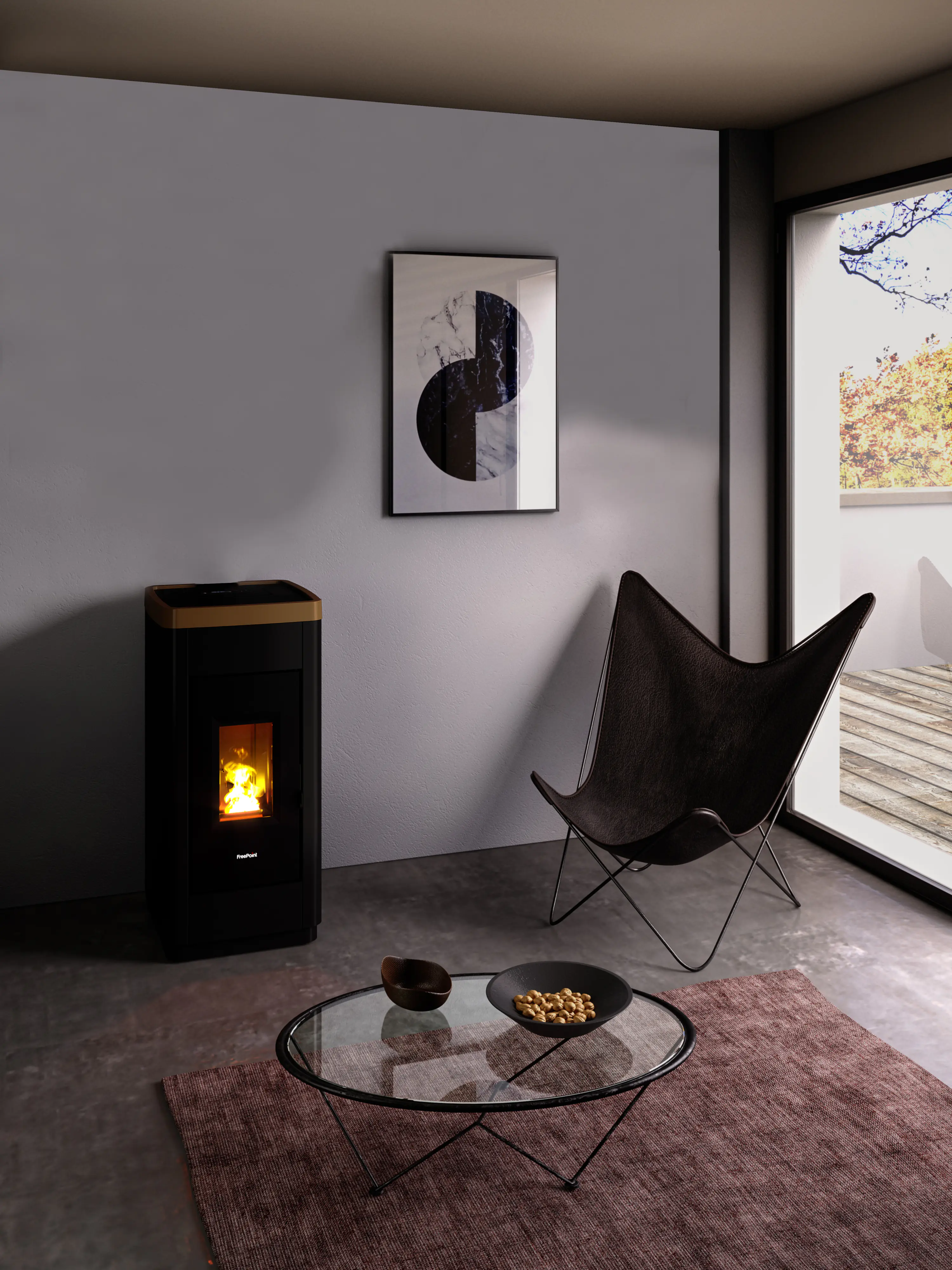 FreePoint Pelletofen LIFE 9 Stahlverkleidung mit dark gold Topring 25 - 85 kW