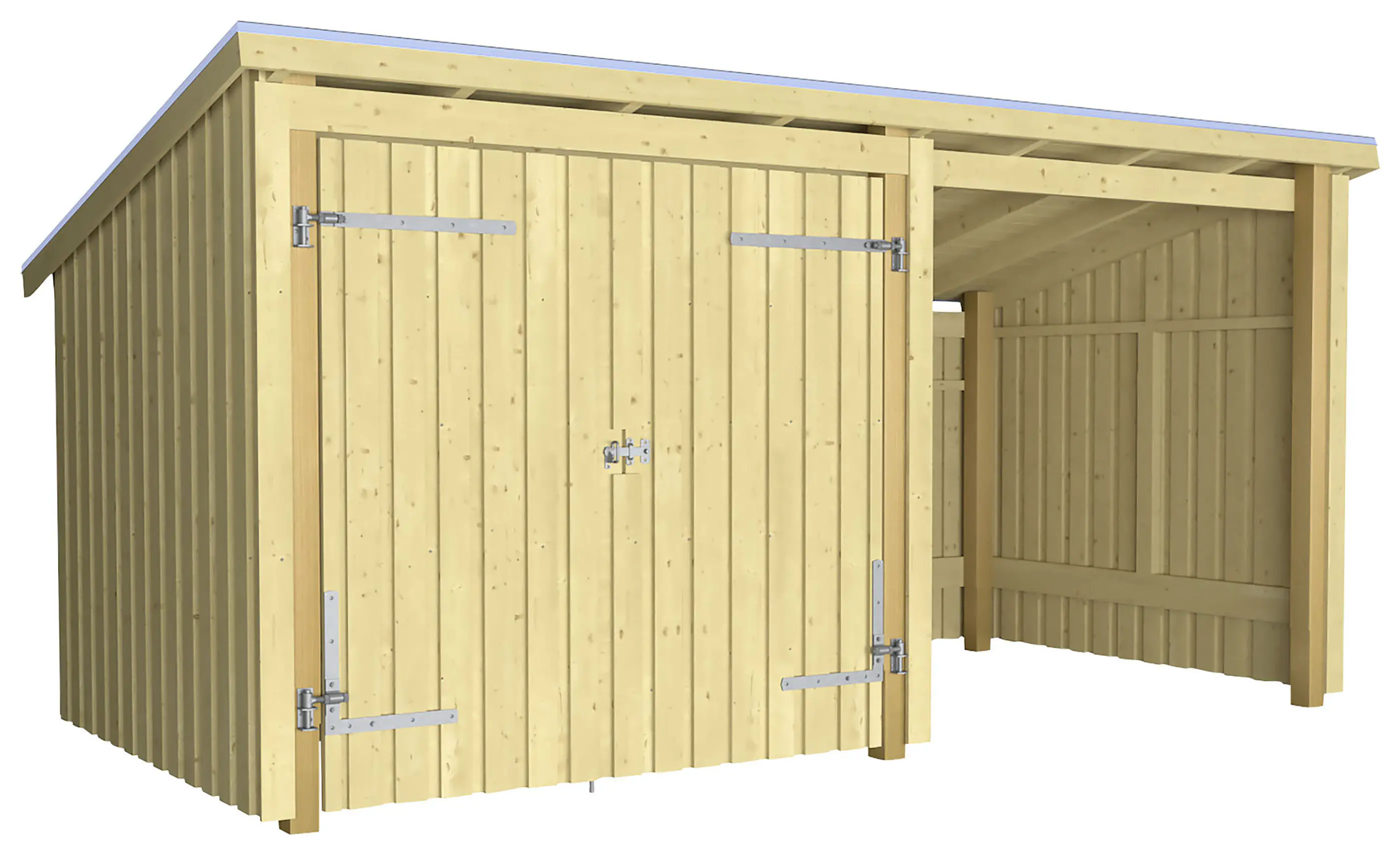 Plus Gartenhaus Nordic Multi 416 x 208 cm natur mit Doppeltür, offen, Dachpappe