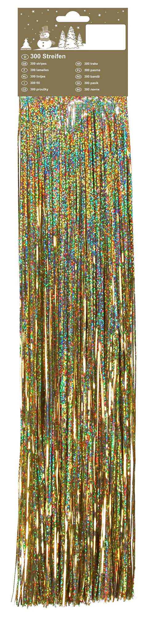 Hängelametta 300 Streifen mit Headerkarte holographisch Kunststoff 50 cm gold 