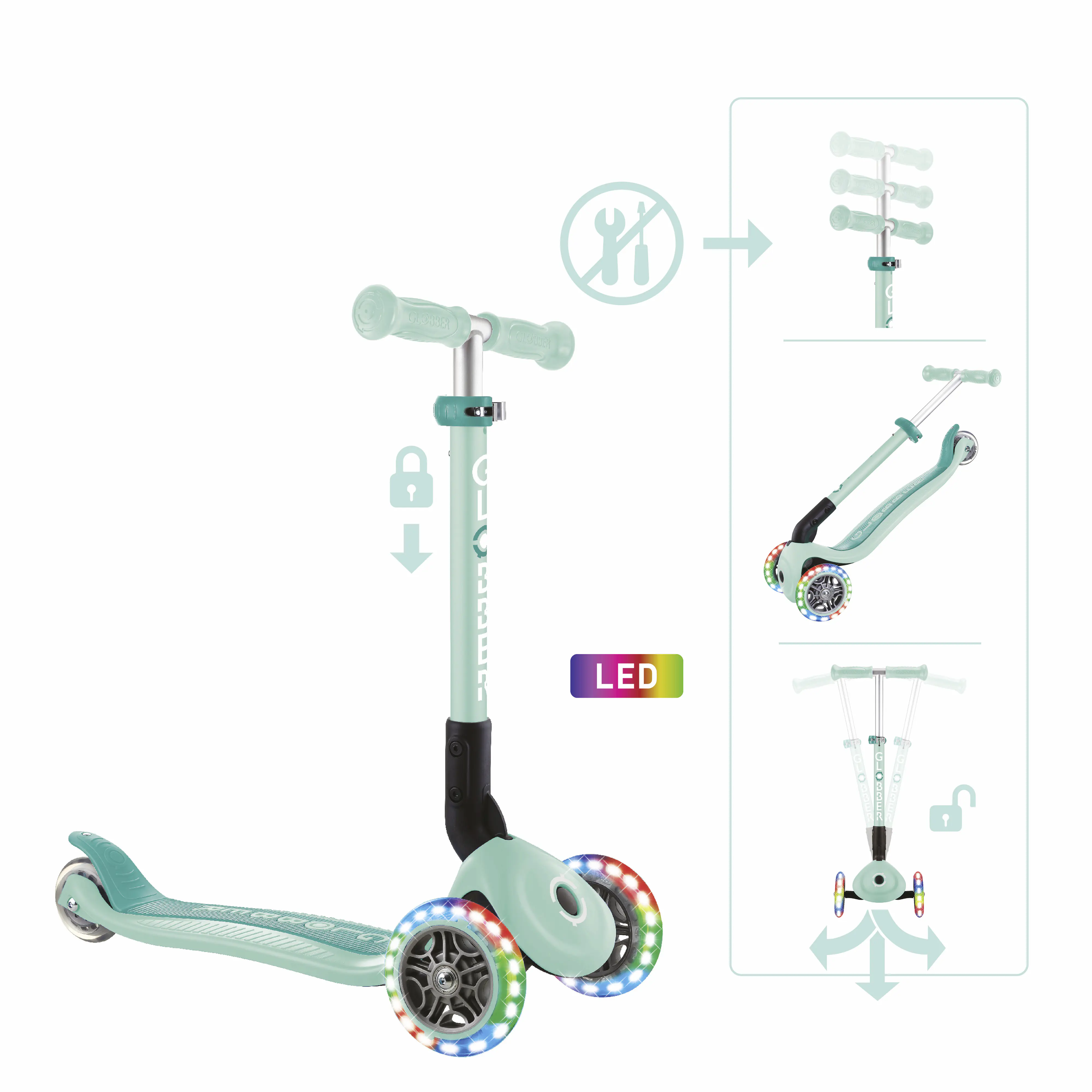 Globber Scooter für Kinder mit Leuchtrollen Junior Foldable Lights mint/blau
