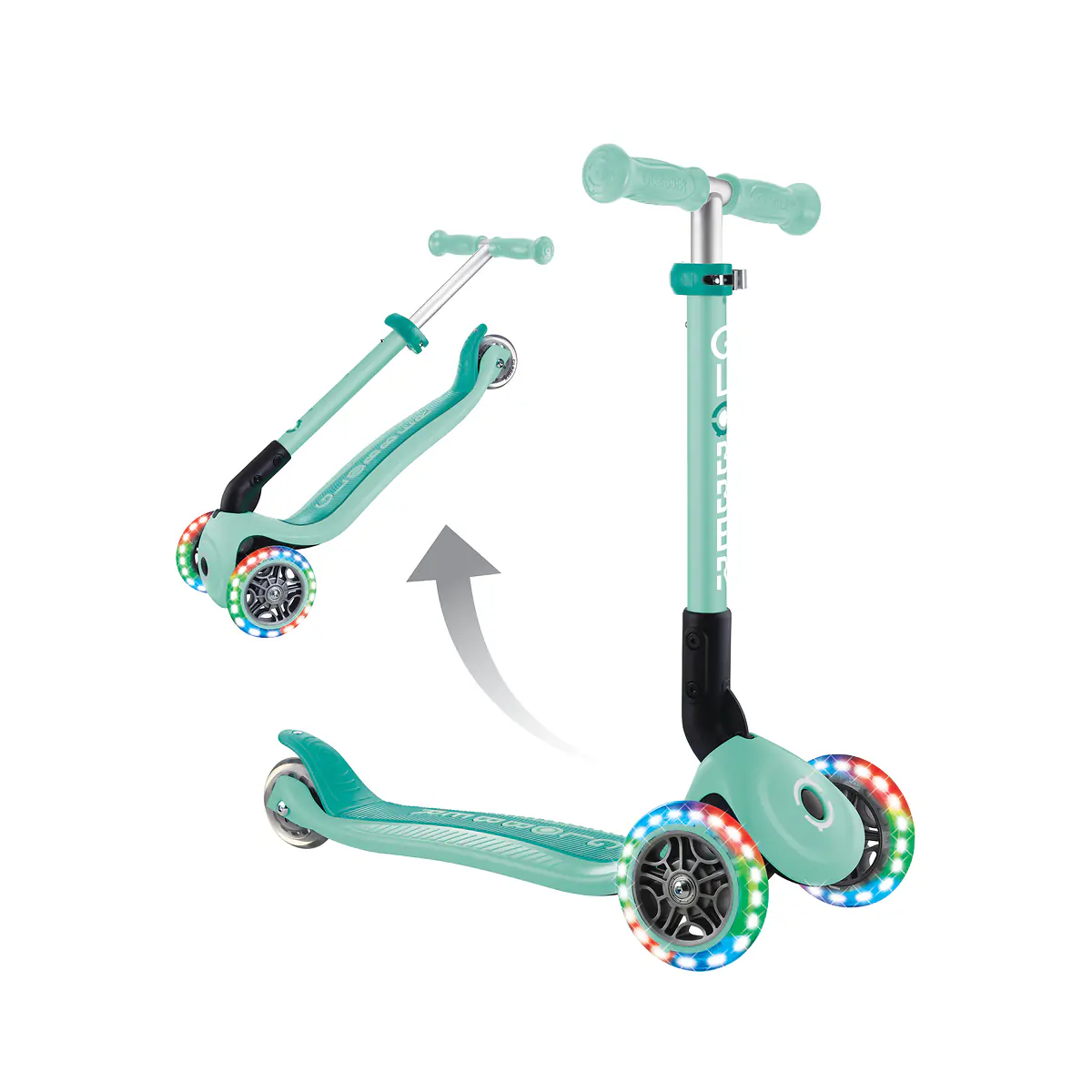 Globber Scooter für Kinder mit Leuchtrollen Junior Foldable Lights mint/blau