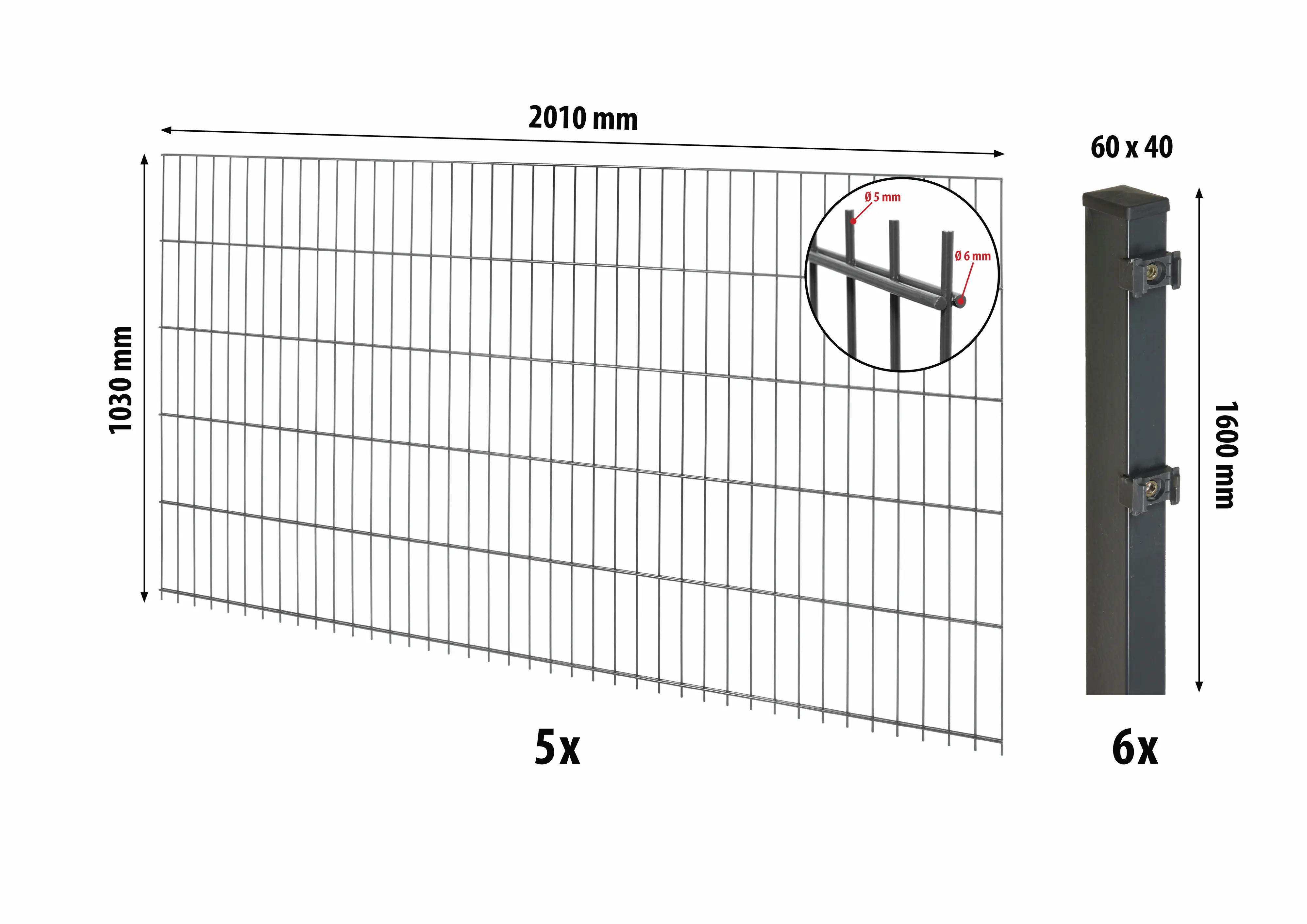 Floraworld Doppelstabmatten-Zaun Set Comfort 10 m 201 x 103 cm inkl. 6 Pfosten 160 cm anthrazit