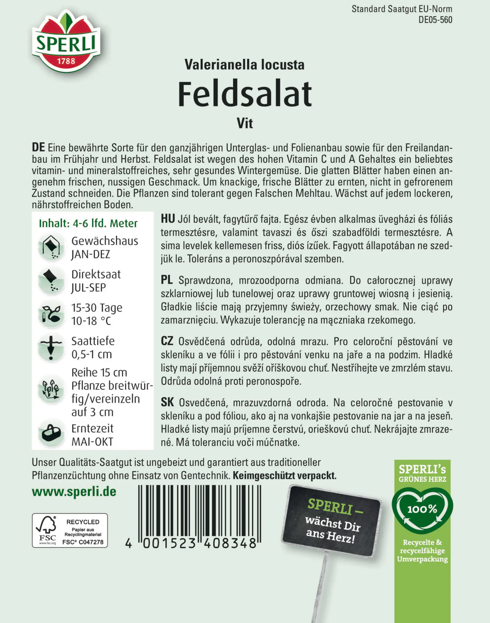 Sperli Saatgut Feldsalat Vit für bis zu 4-6 lfd. Meter