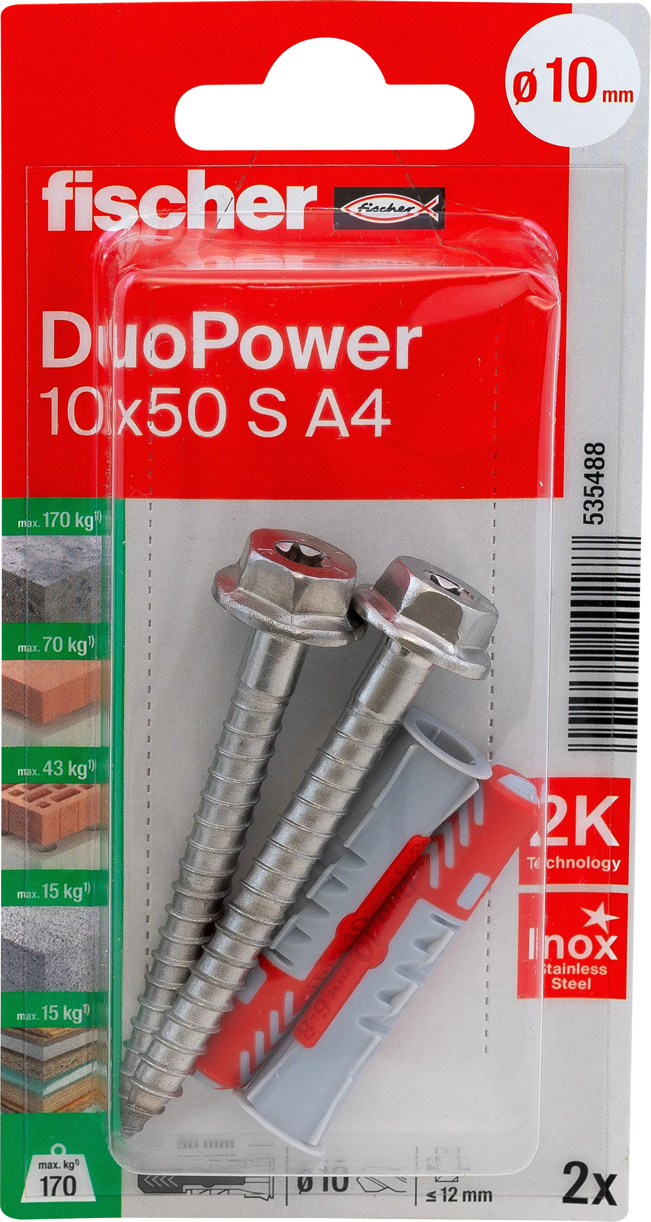 Fischer Dübel-Set DuoPower S A4 10 x 50 mm mit Schraube  - 2 Stück