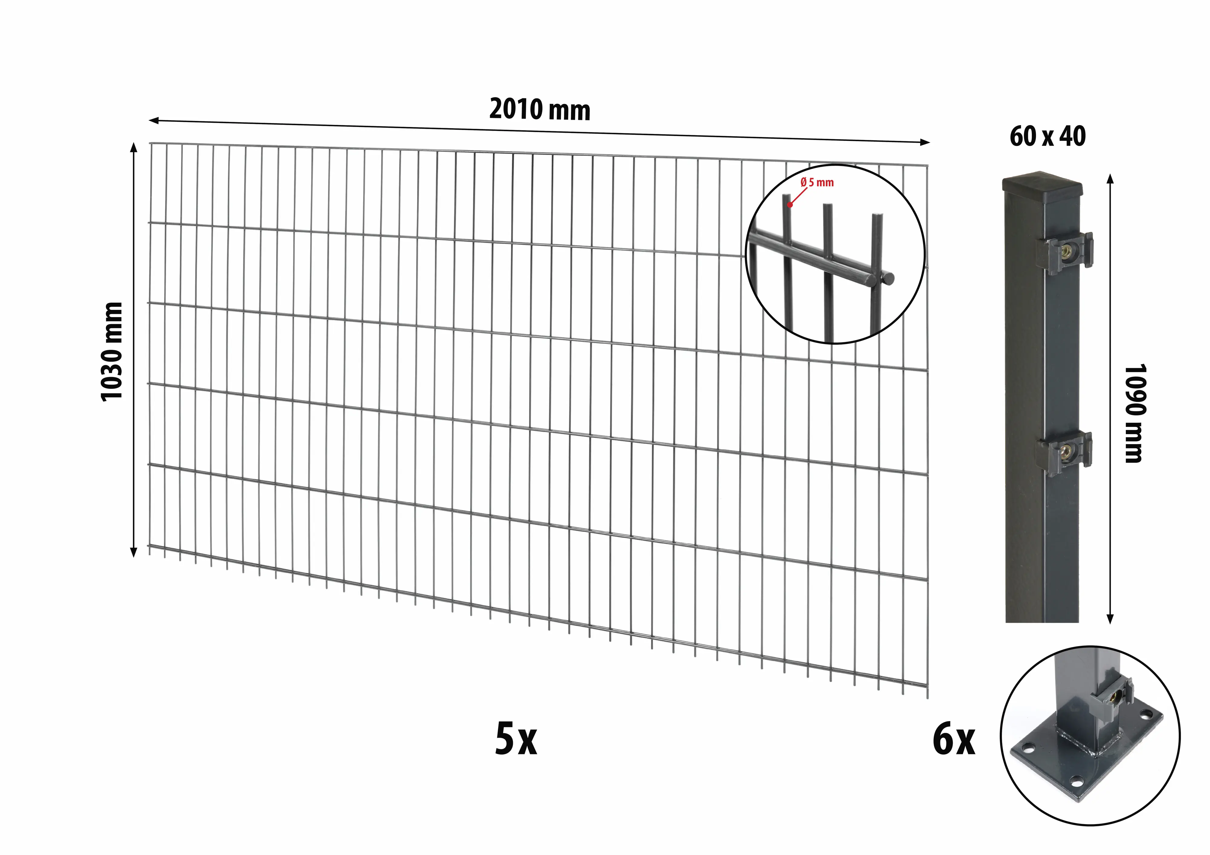 Floraworld Doppelstabmatten-Zaun Set Comfort 10 m 201 x 103 cm mit Bodenplatte & 6 Pfosten 109 cm anthrazit