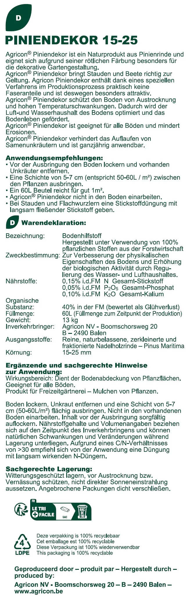 Agricon Pinienrinde Excellent 15 - 25 mm Körnung 60 L Agricon Pinienrinde Excellent 15 - 25 mm Körnung 60 L