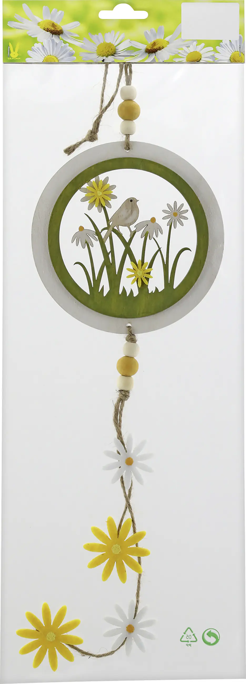 Dekohänger Vogel und Blumen Holz 37 x 12 cm weiß grün gelb