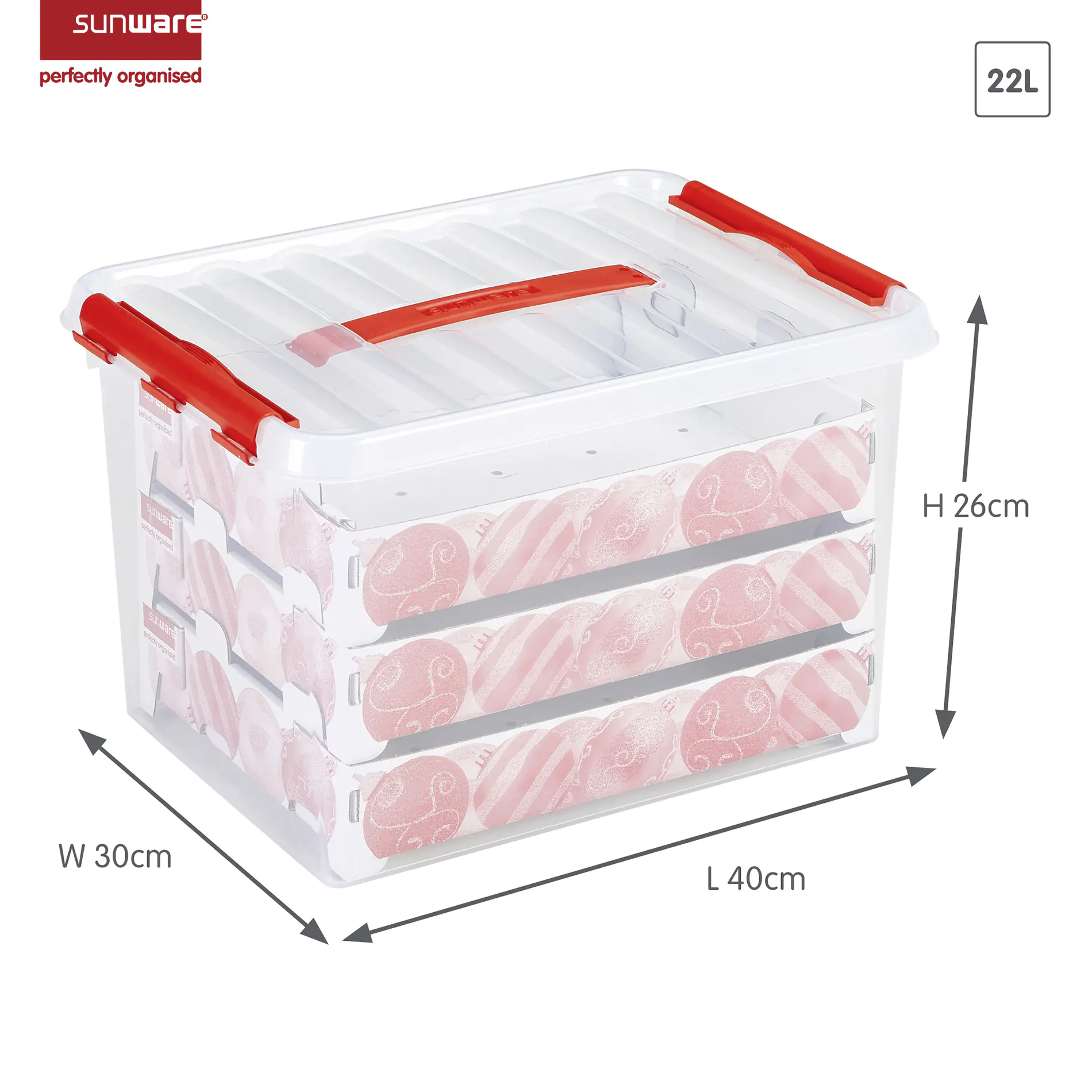 Sunware Weihnachtsbox Q-line 22L mit Einsatz für 60 Kugeln transparent rot Sunware Weihnachtsbox Q-line 22L mit Einsatz für 60 Kugeln transparent rot