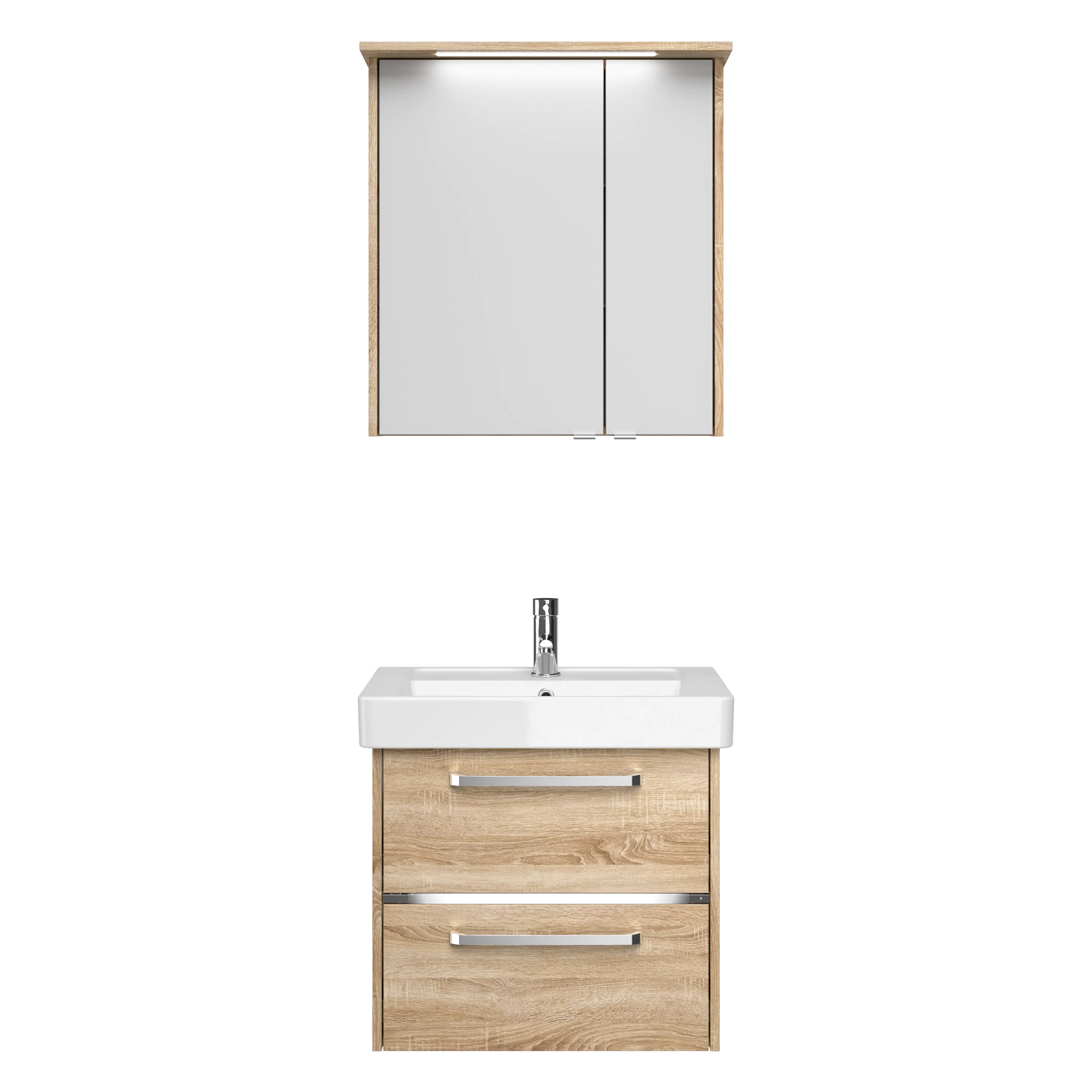 Primaster Badmöbelset Berlin eiche 65 cm Twin LED, Keramikwaschtisch