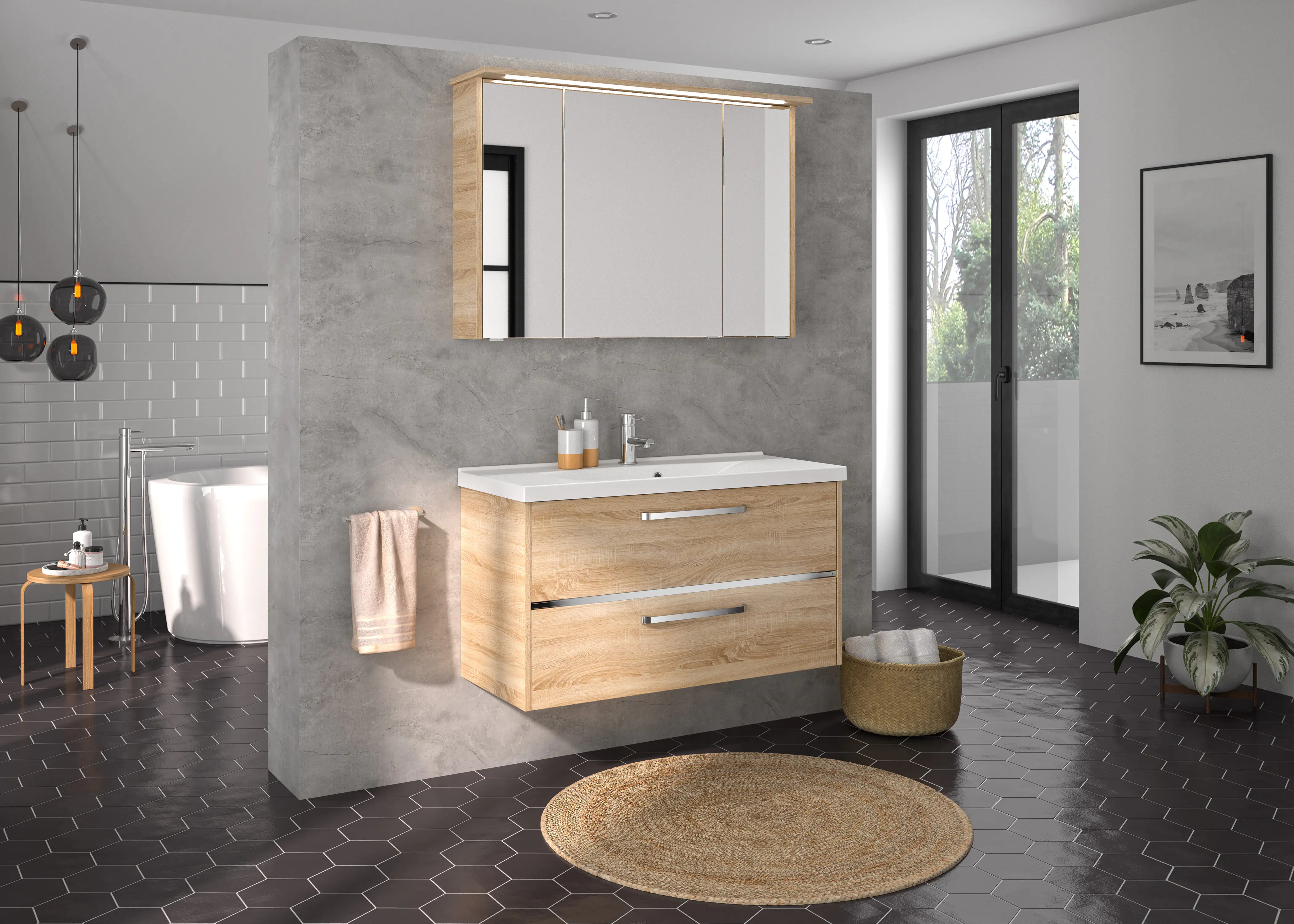 Primaster Badmöbelset Berlin eiche 105 cm Twin LED, Mineralgusswaschtisch