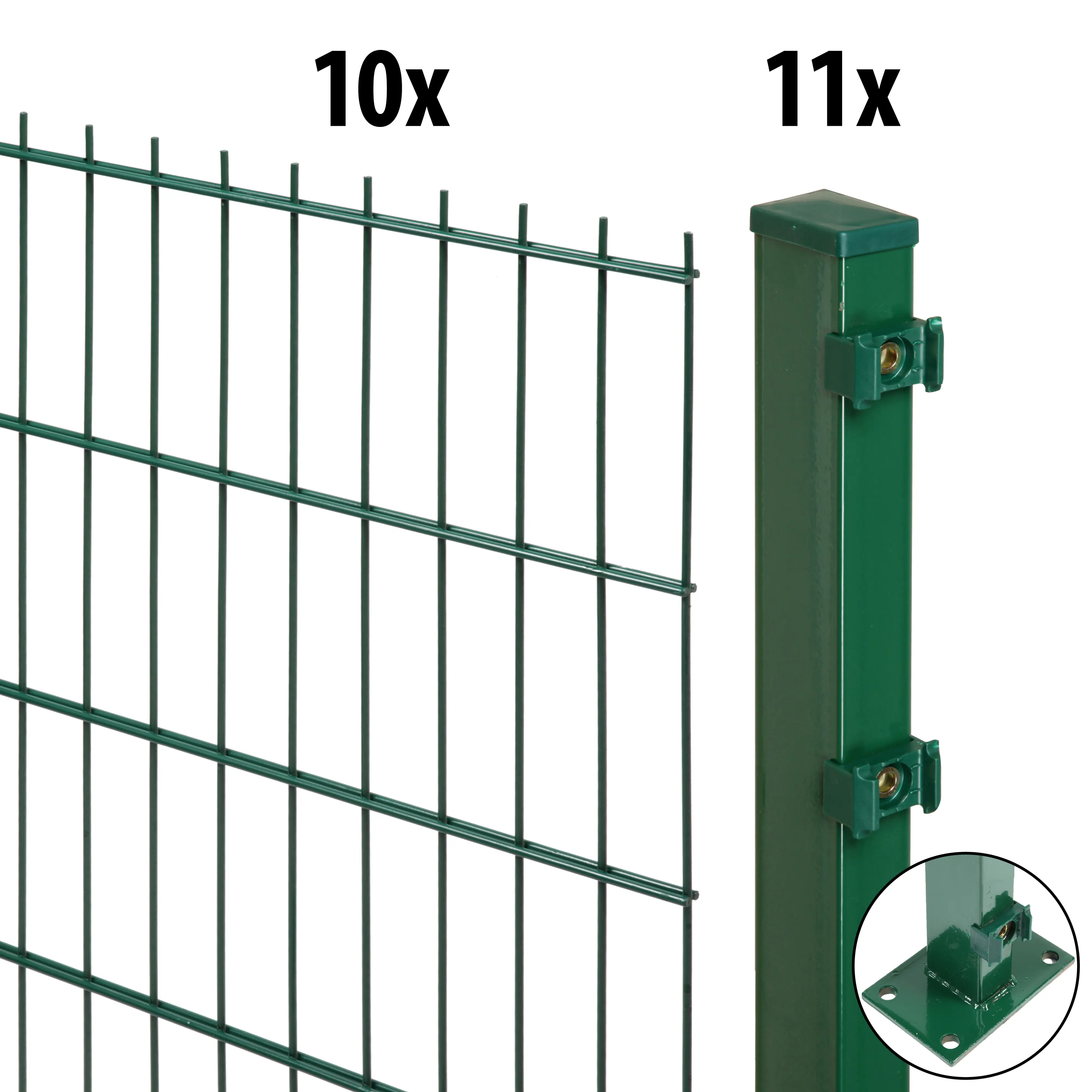 Floraworld Doppelstabmatten-Zaun Set Comfort 20 m 201 x 163 cm mit Bodenplatte & 11 Pfosten 169 cm moosgrün