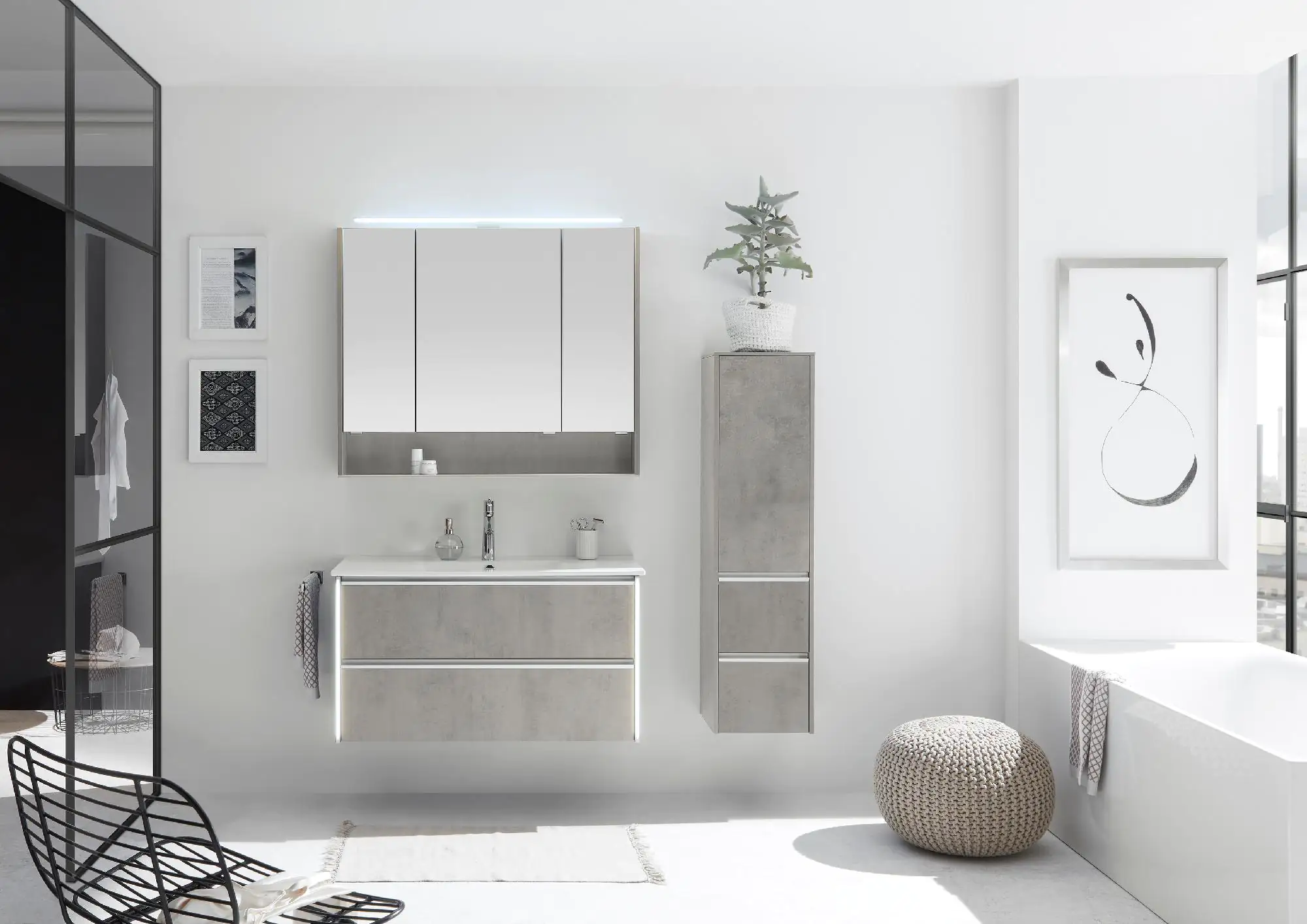 Pelipal Badmöbel-Set 6040 Oxid Hellgrau quer mit Mineralmarmor-Waschtisch + Midischrank 101 cm