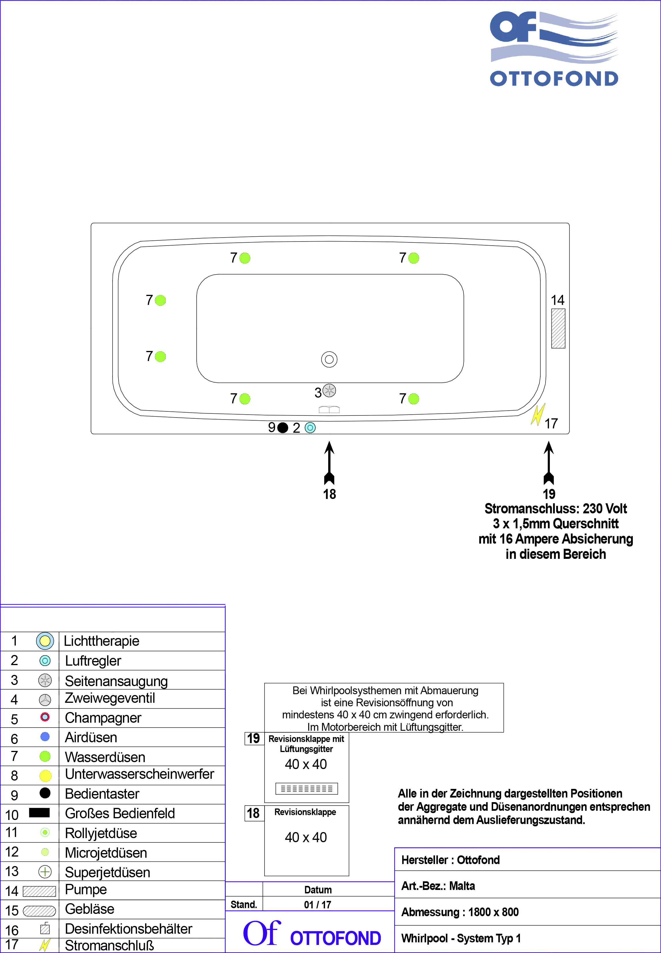 Ottofond Whirlpool-System Malta 180 cm, Typ 1