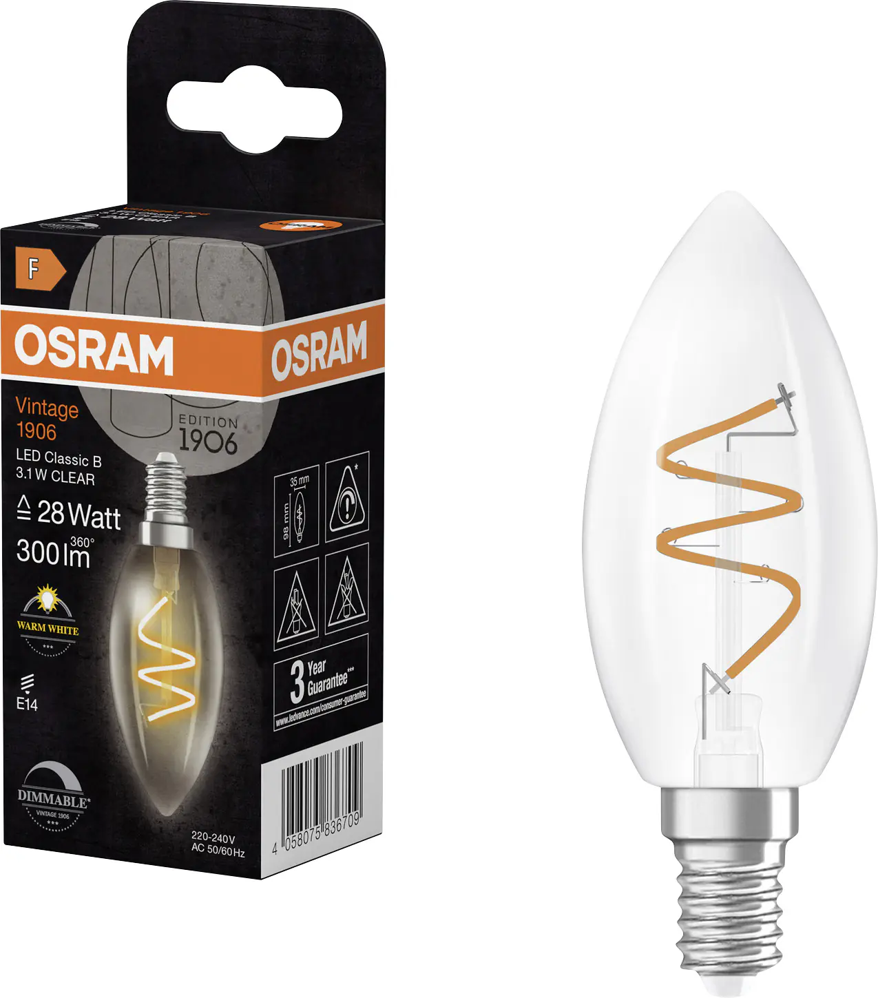 Osram LED Leuchtmittel E14 Vintage 1906 Classic 3,1W klar dimmbar warmweiß