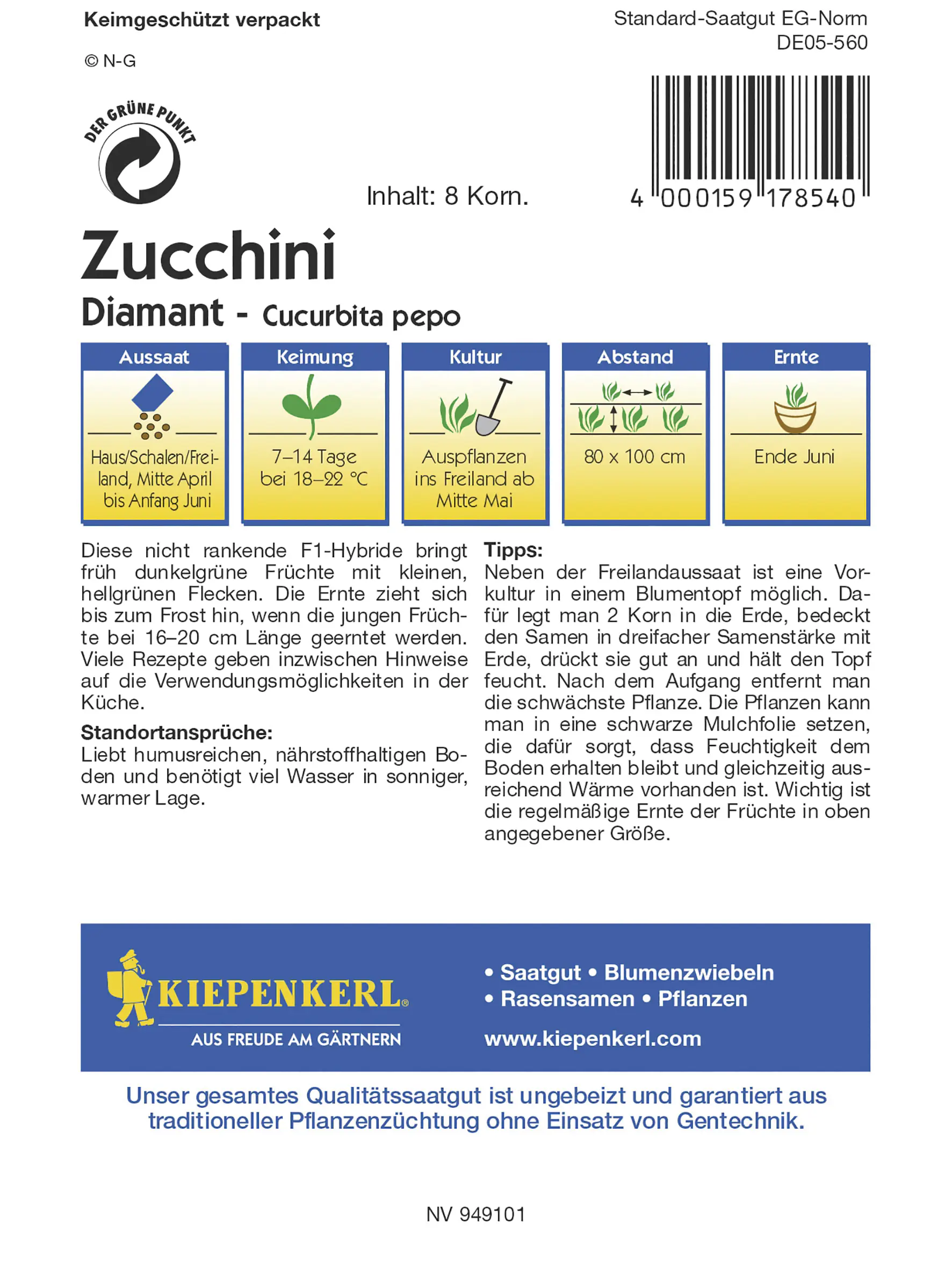 Kiepenkerl Zucchini Diamant F1 Inhalt reicht für 8 Korn