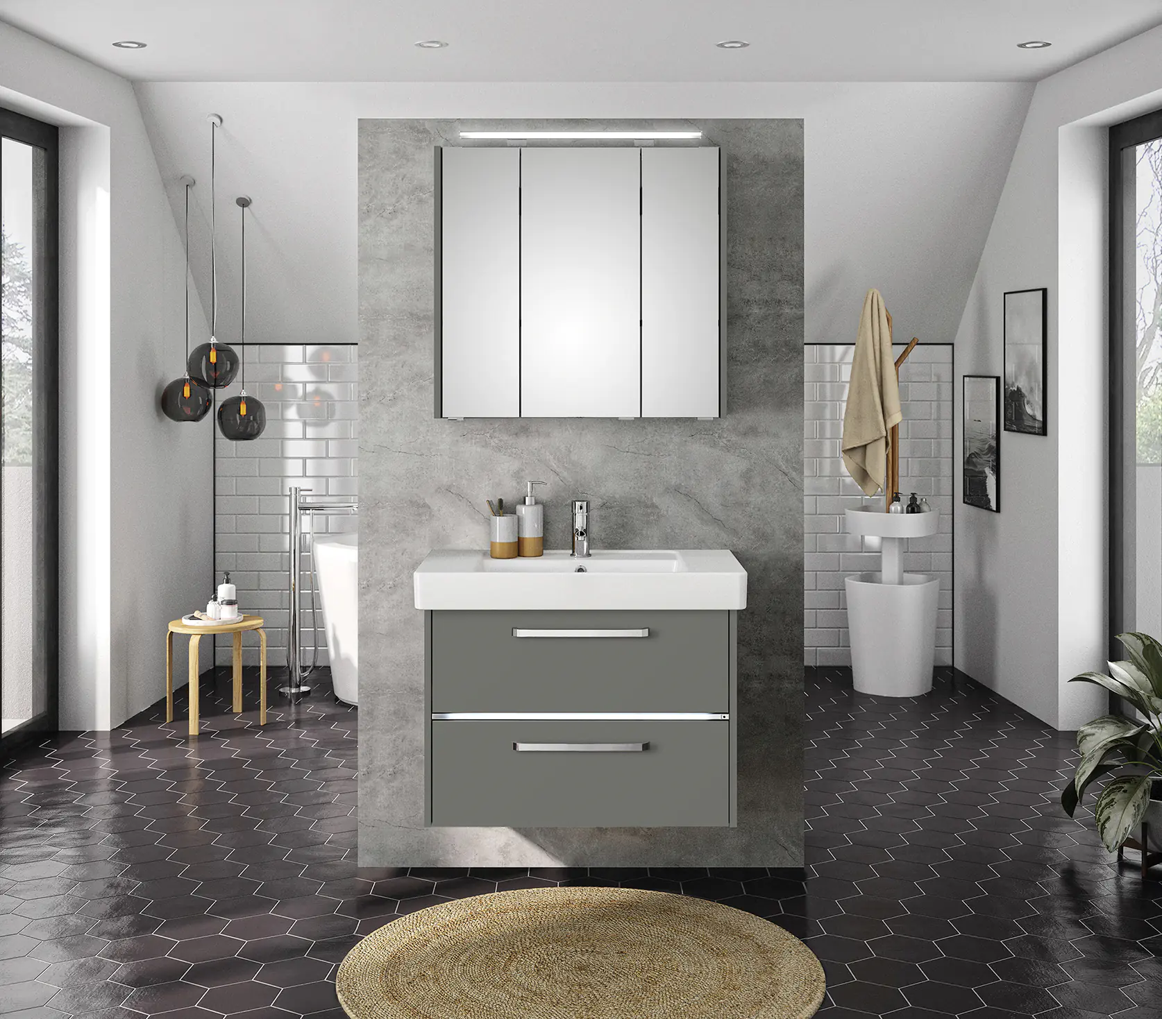 Primaster Badmöbel-Set Berlin grau 80 cm LED-Leuchten, Keramikwaschtisch