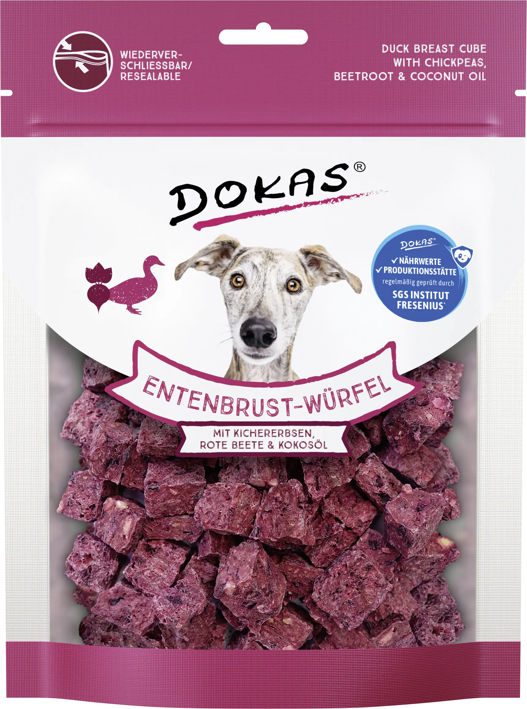 Dokas Entenbrust-Würfel mit Kichererbsen 150 g, Rote Beete & Kokosöl Dokas Entenbrust-Würfel mit Kichererbsen 150 g, Rote Beete & Kokosöl