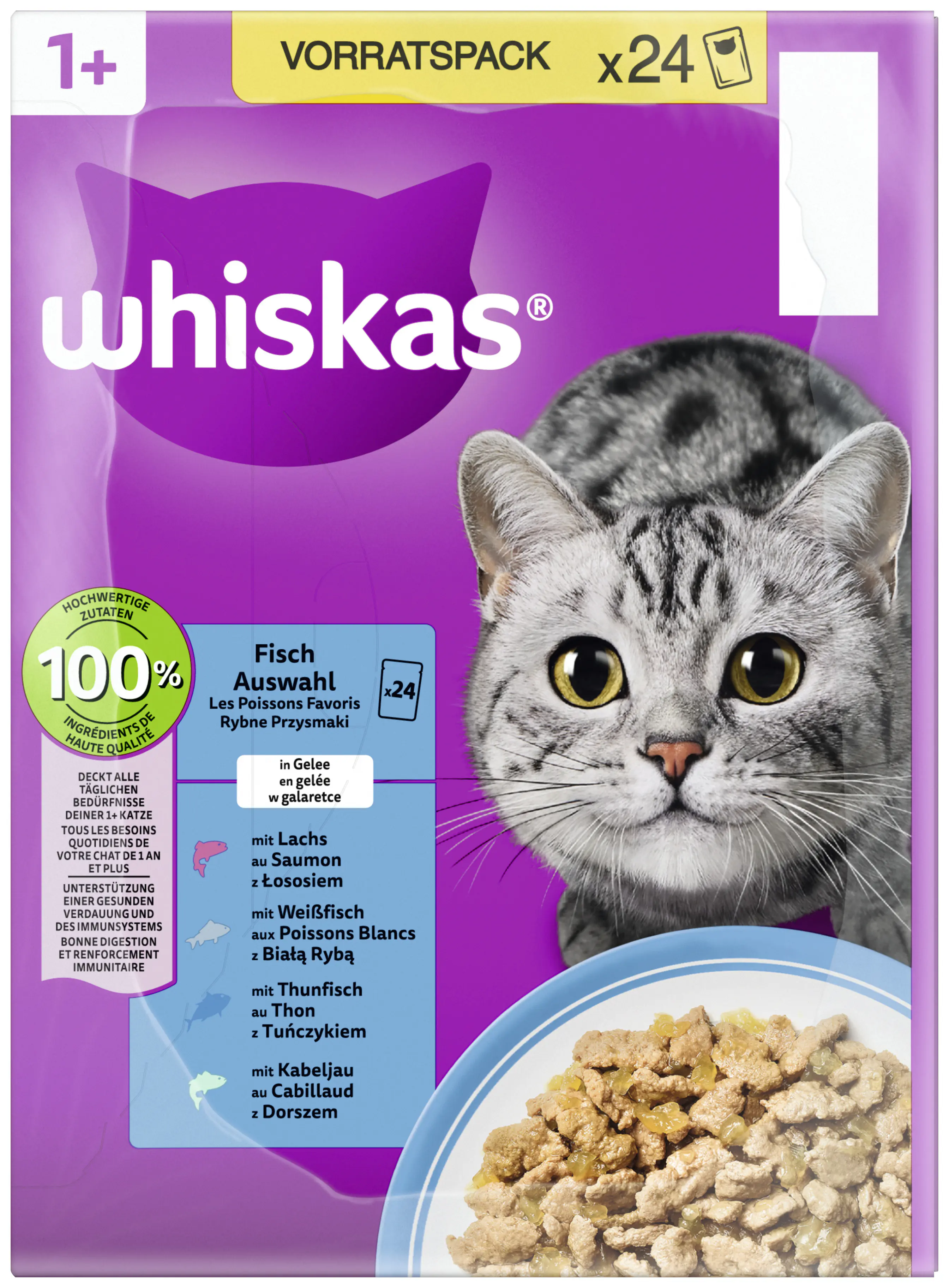 Whiskas Katzennassfutter Adult 24 x 85 g Fischauswahl in Gelee