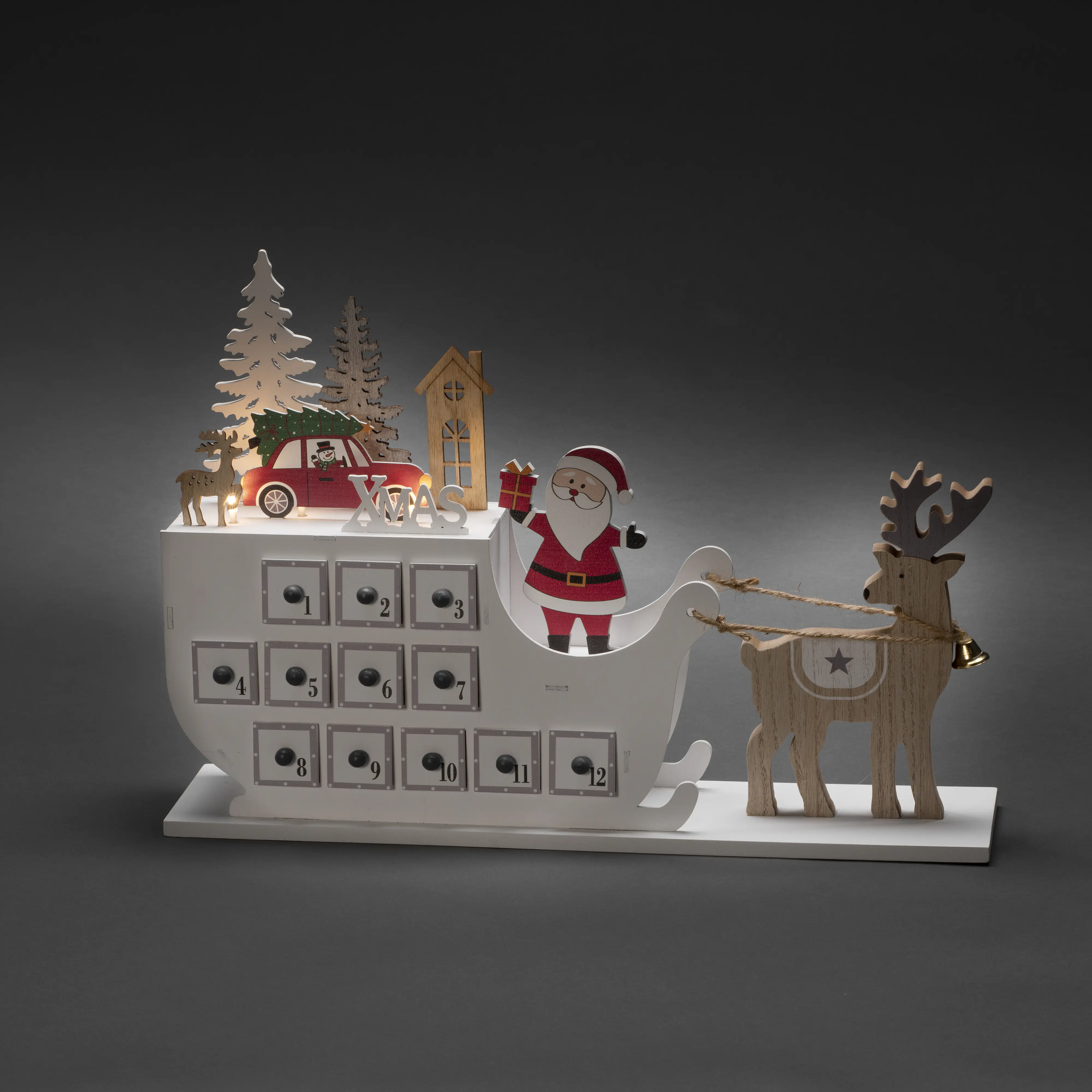 Konstsmide LED-Holzsilhouette Adventskalender mit Schlitten batteriebetrieben mit Timer 45 x 31,6 cm warmweiß