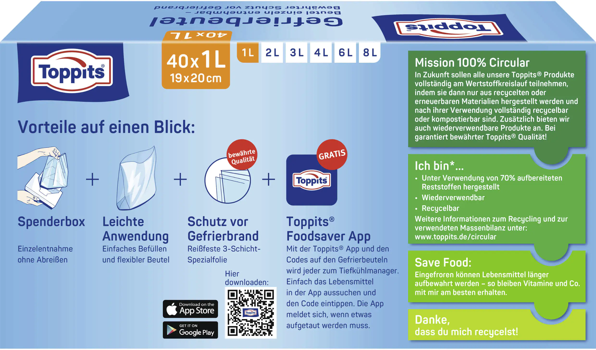 Toppits Gefrierbeutel 1 L, 40 Stück