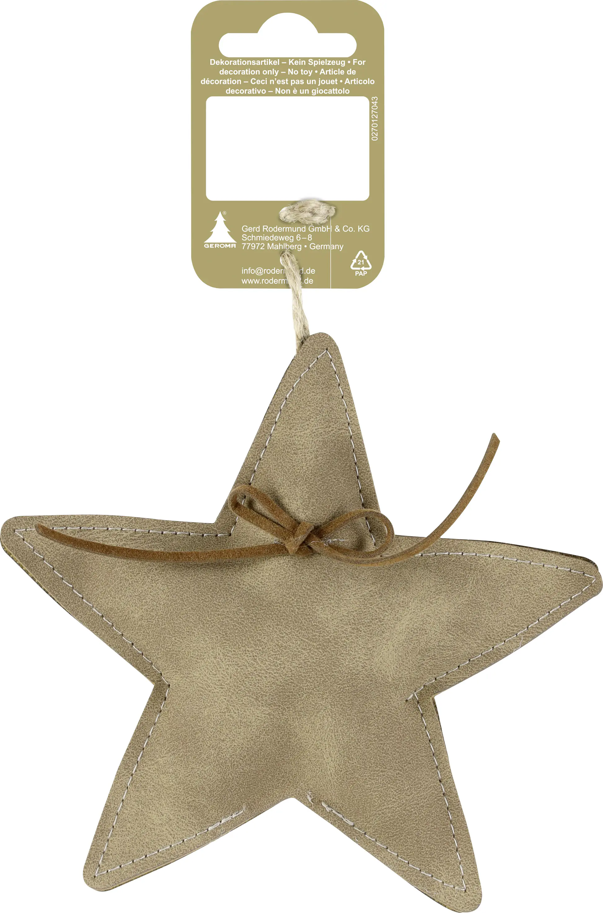 Weihnachtsanhänger Stern aus Kunstleder 13,5 x 1,5 cm braun