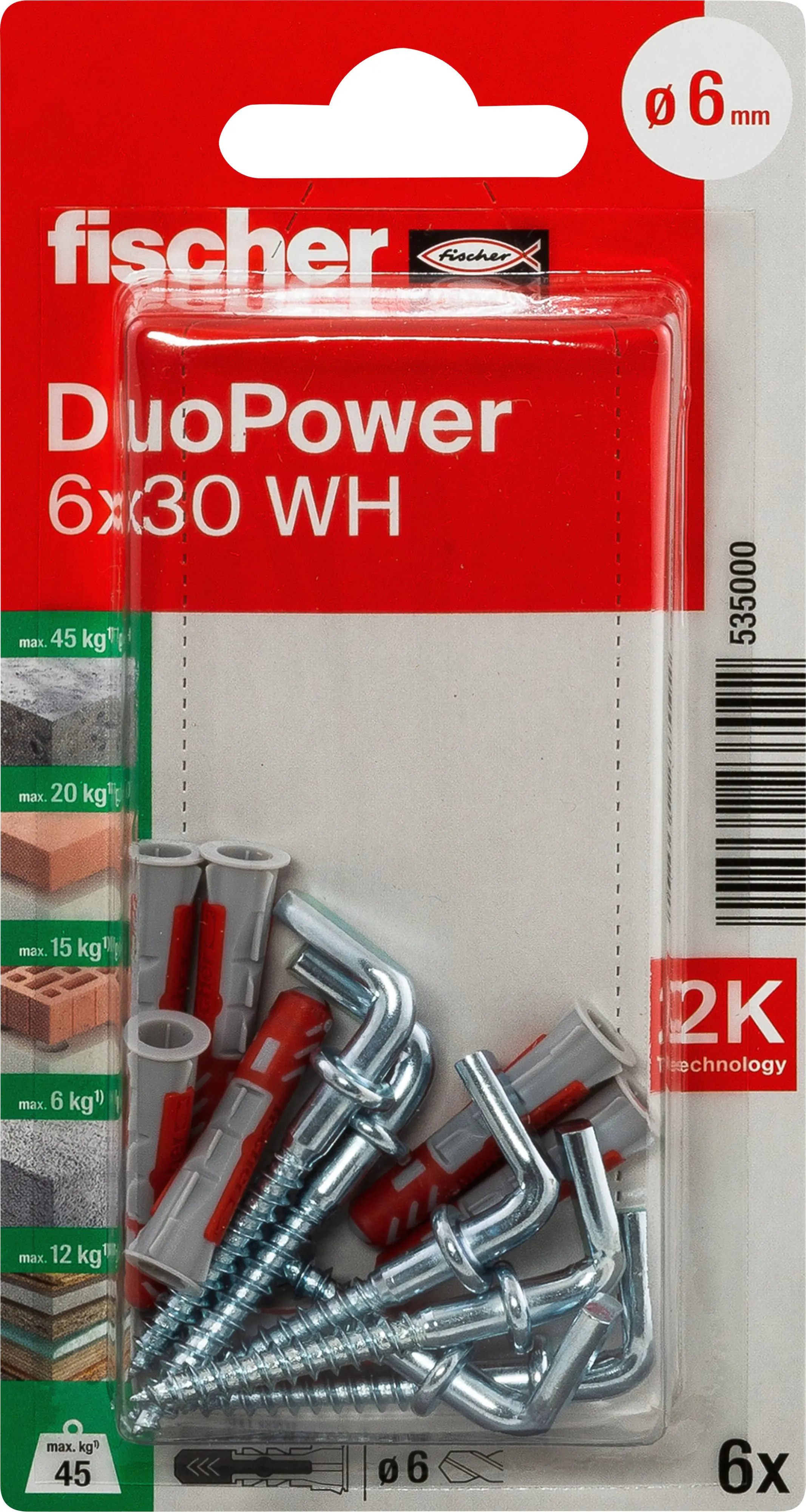 Fischer Dübel-Set DuoPower WH 6 x 30 mm mit Winkelhaken - 6 Stück