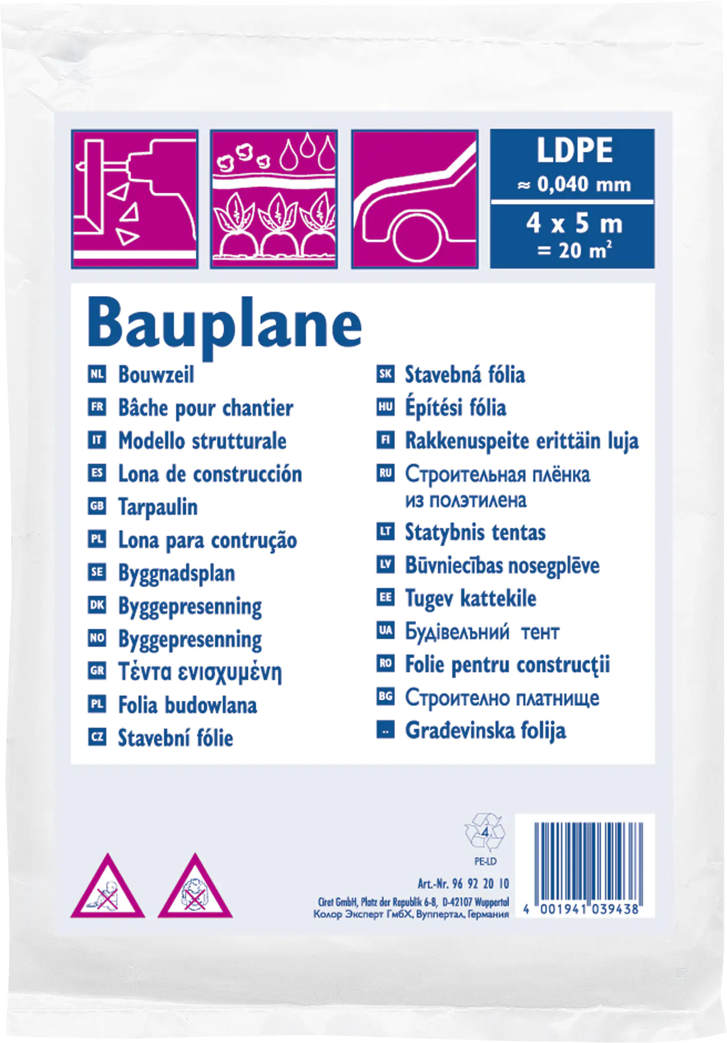 Color Expert Bauplane LDPE 40 my 4 x 5 m 20 m², transluzent
