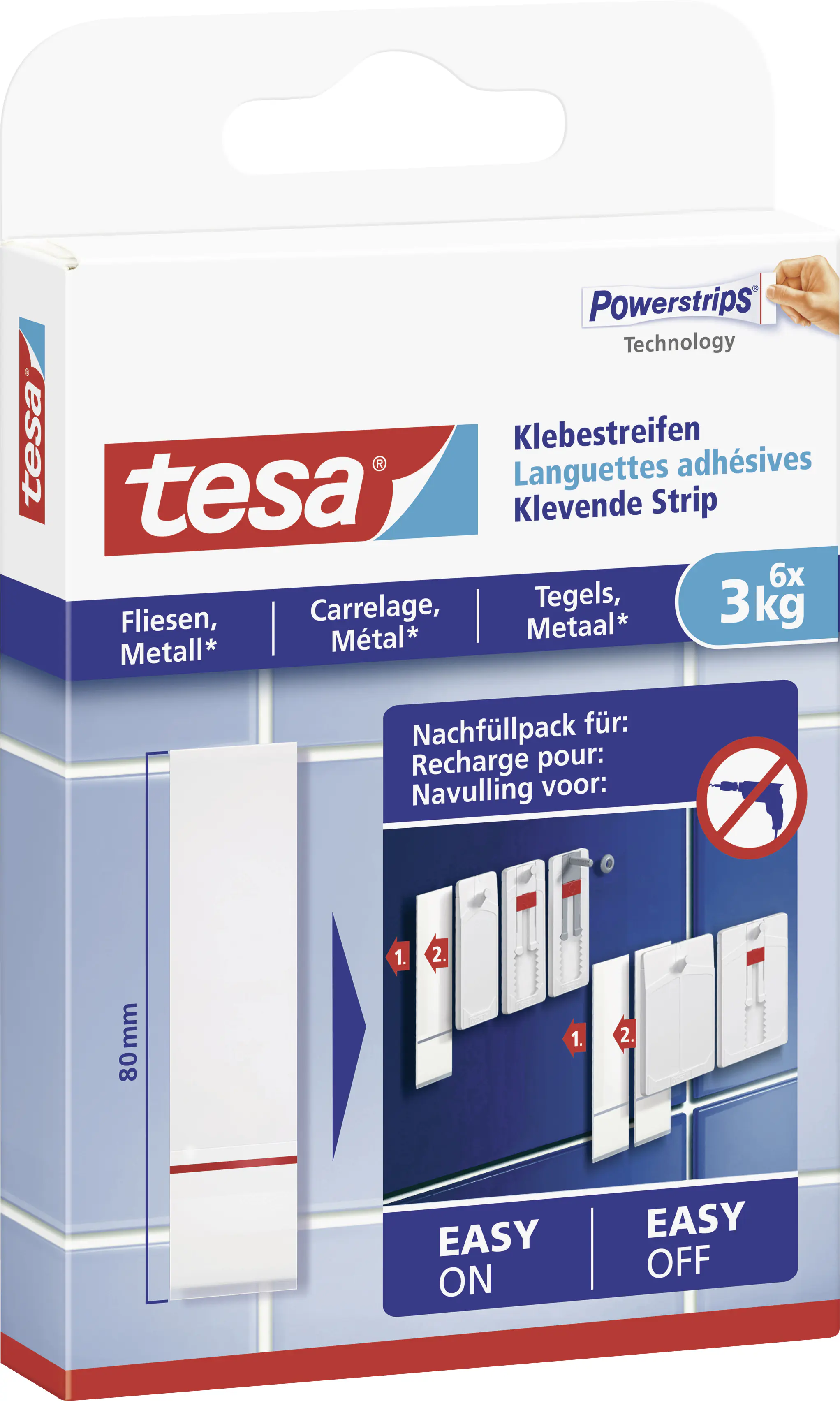 tesa Klebestreifen für Fliesen und Metall 6 Stück, Traglast 3 kg