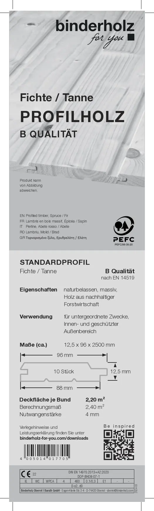 Profilholz Fichte Tanne B-Sortierung Schrägprofil 250 x 9,6 cm 12,5 mm