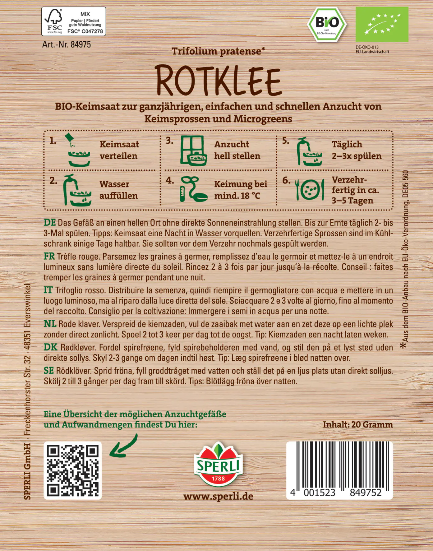 Sperli BIO Keimsprossen-Saat Rotklee