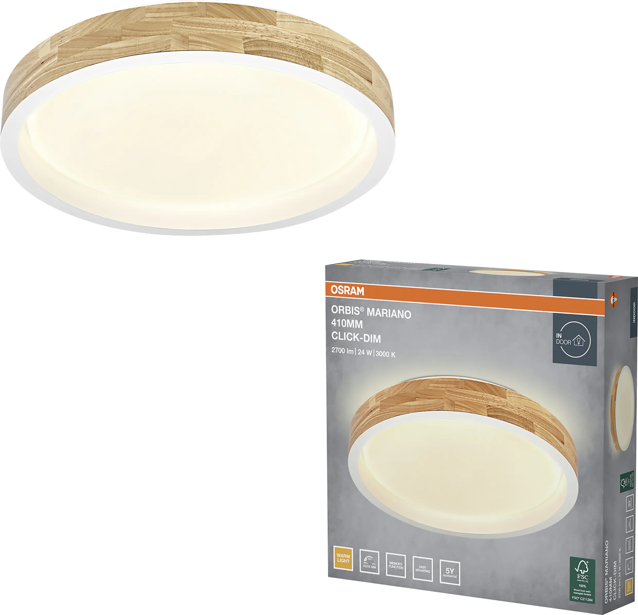Osram LED-Deckenleuchte Orbis Mariano Ø 41 cm 24 W Holzdekor weiß dimmbar