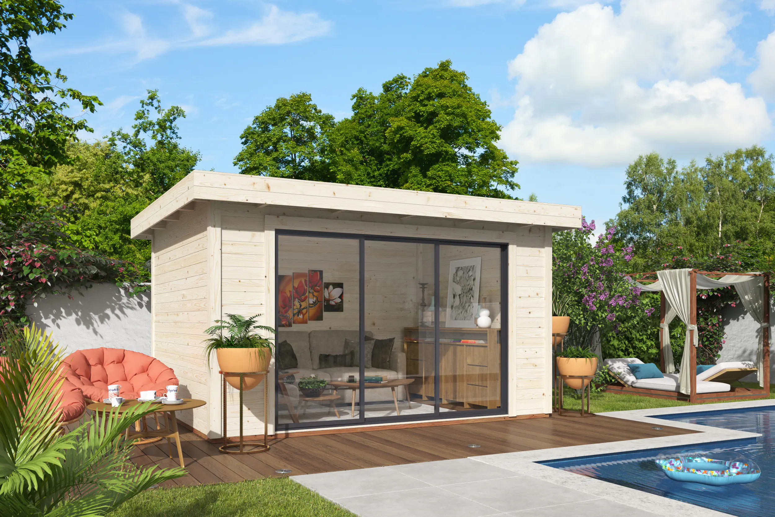 Palmako Gartenhaus Lydia 385 x 291 cm mit Schiebetüren naturbelassen