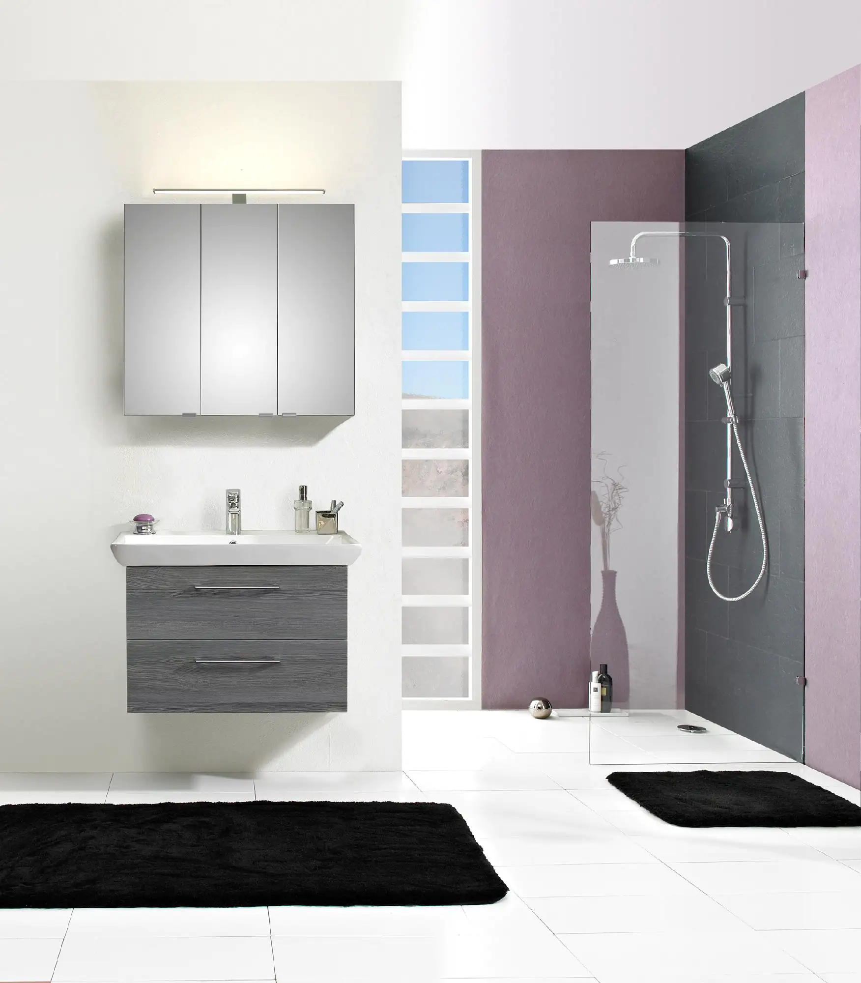 Pelipal Badmöbel-Set Pineo Sangallo Grau mit Keramik-Waschtisch + LED-Aufsatzleuchte 81 cm