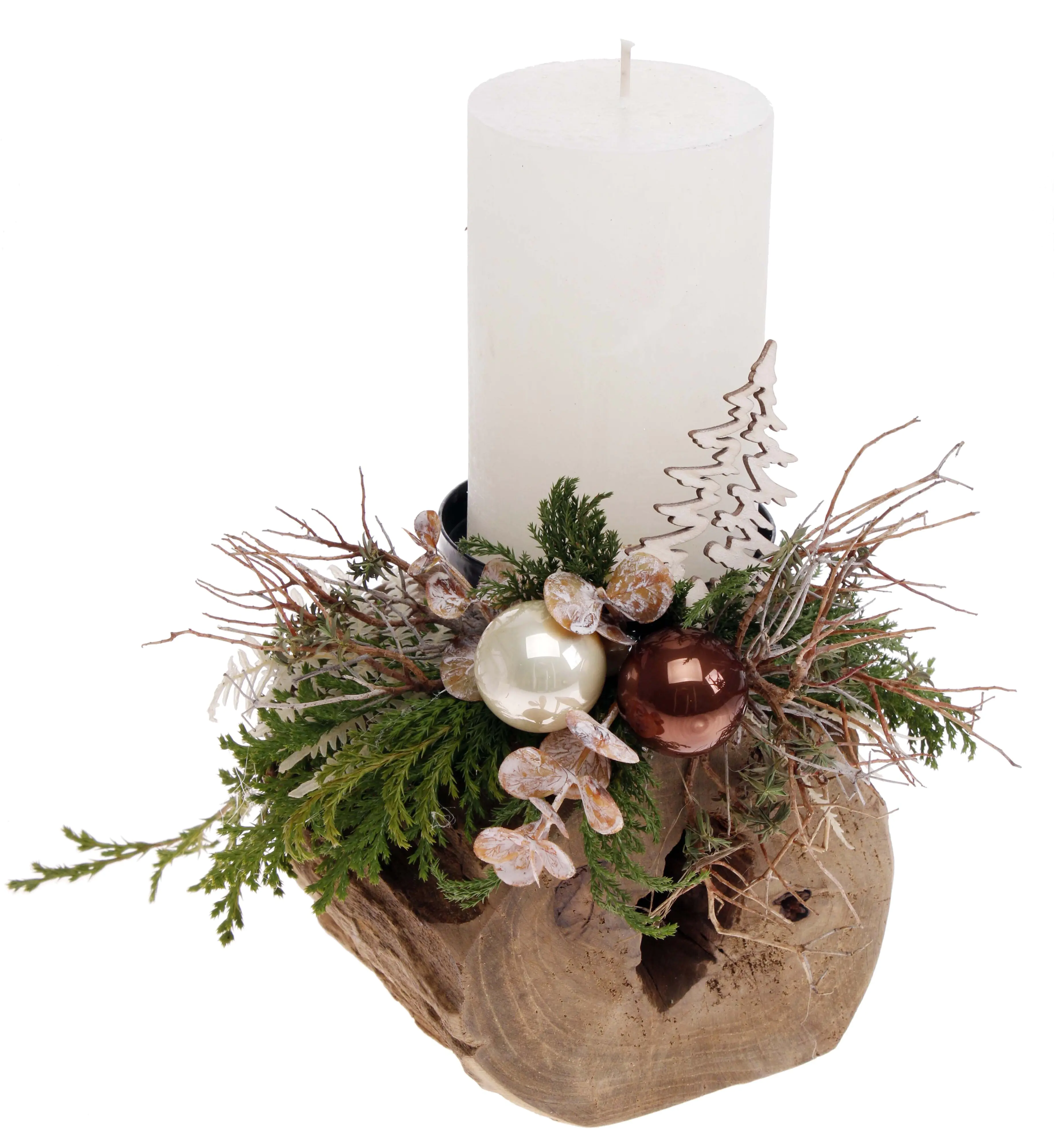 Teak-Kerzenhalter mit Rustik-Kerze 24 cm creme