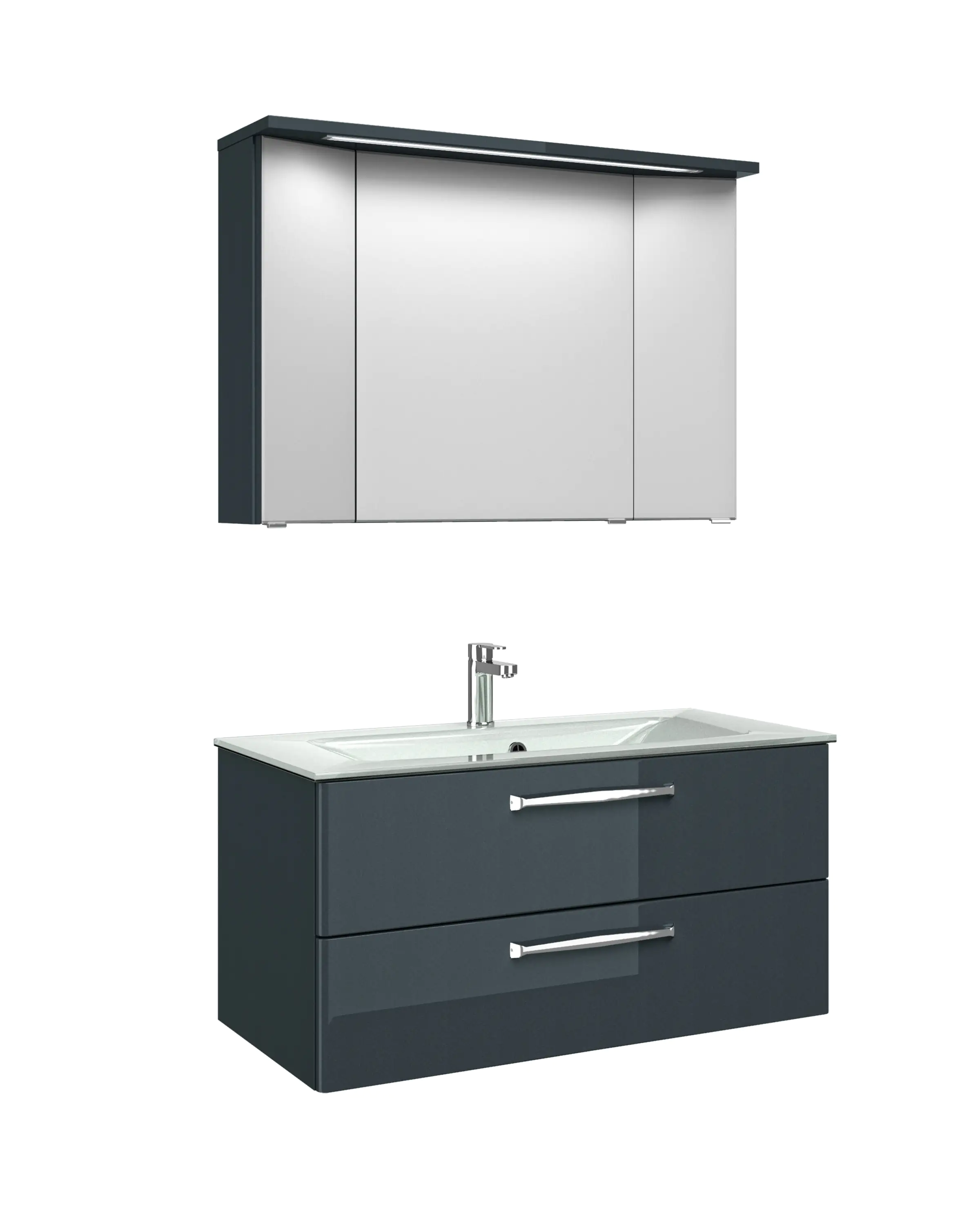 4017026118721_1 Pelipal Badmöbel-Set Trentino Anthrazit Hgl mit Glas-Waschtisch + 3D-Spiegelschrank 107 cm