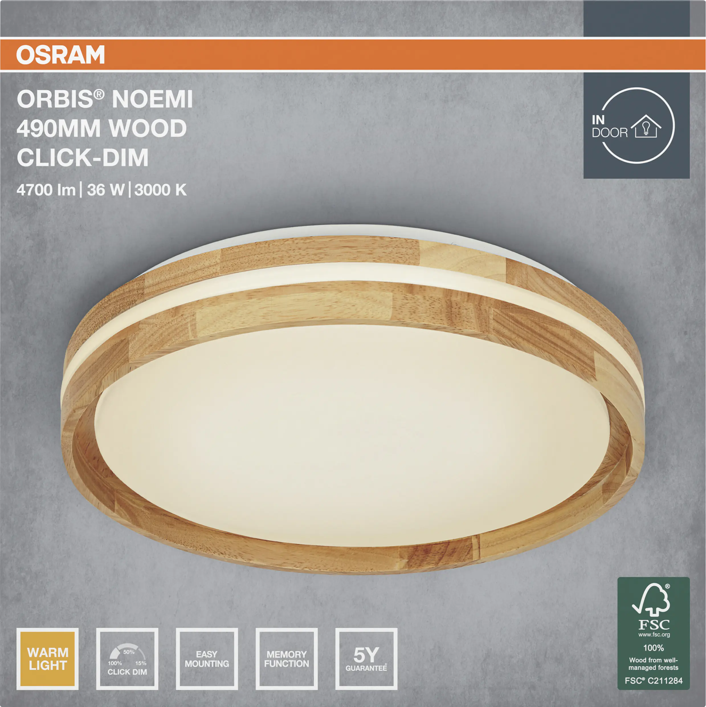 Osram LED-Deckenleuchte Orbis Noemi Wood Ø49 cm 36 W Holzdekor dimmbar